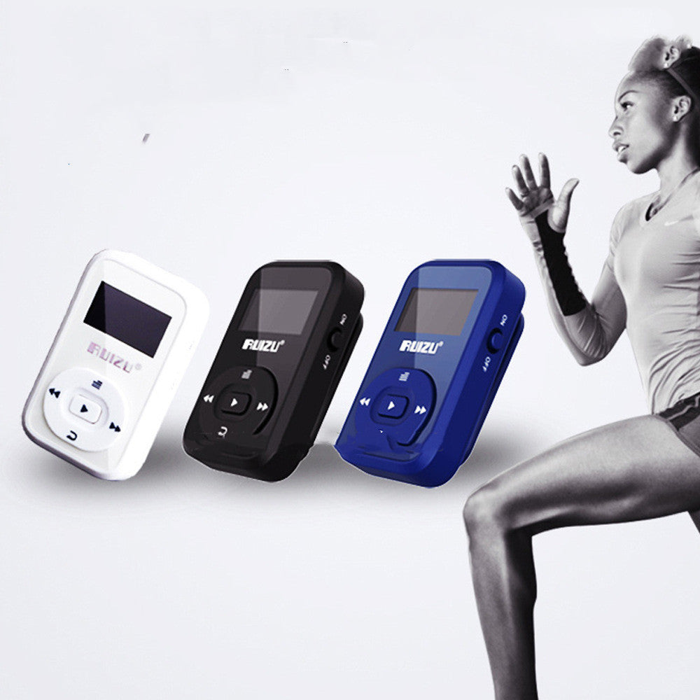 Wireless Bluetooth Sports MP3 Clip Music Player in black, showcasing its compact design and OLED screen.