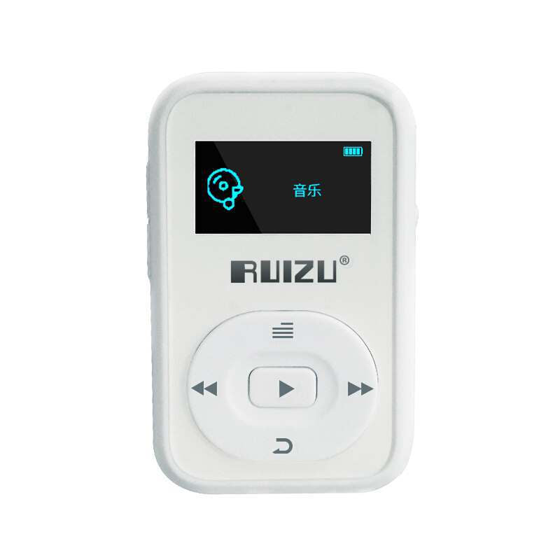 Wireless Bluetooth Sports MP3 Clip Music Player in black, showcasing its compact design and OLED screen.