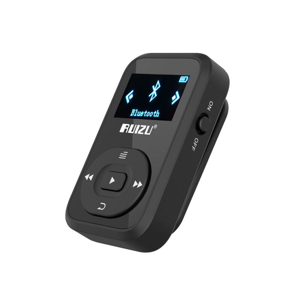 Wireless Bluetooth Sports MP3 Clip Music Player in black, showcasing its compact design and OLED screen.