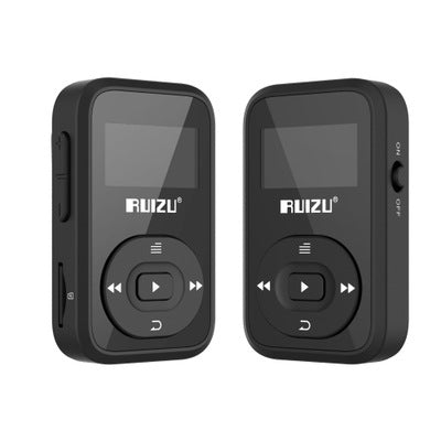 Wireless Bluetooth Sports MP3 Clip Music Player in black, showcasing its compact design and OLED screen.