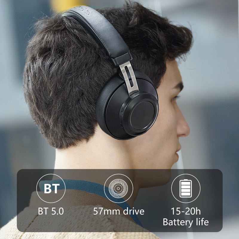 Wireless Music Stereo Bluetooth Headset in black, showcasing its sleek design and head-mounted style.