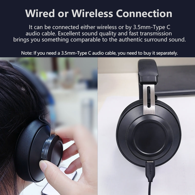 Wireless Music Stereo Bluetooth Headset in black, showcasing its sleek design and head-mounted style.