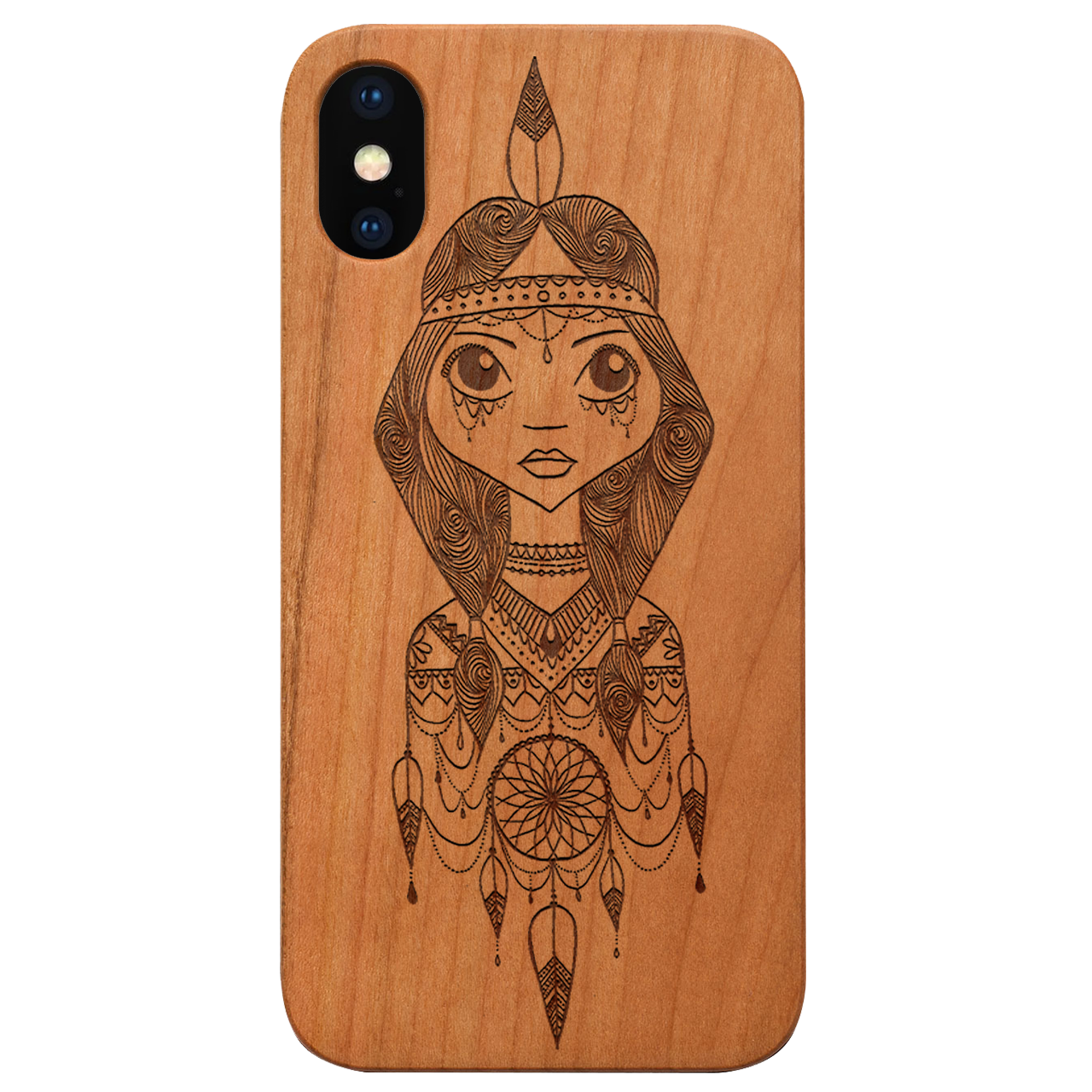 Aboriginal Engraved wooden phone case showcasing intricate laser-engraved designs on a natural wood surface, highlighting its durability and style.