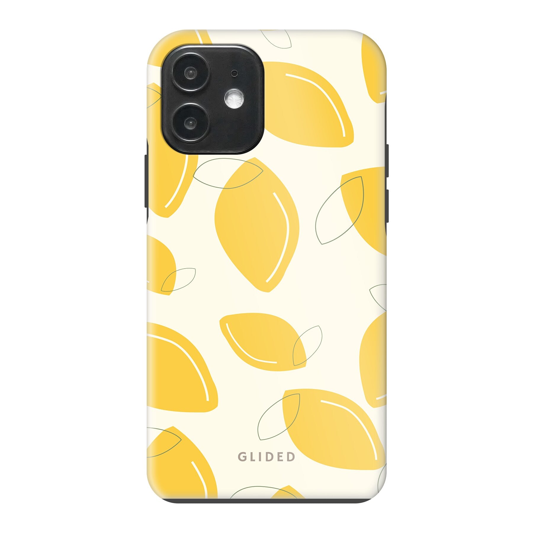 Abstract Lemon iPhone 12 Handyhülle mit lebendigen Zitronenmuster auf gelbem Hintergrund, idealer Schutz und stilvolles Design.