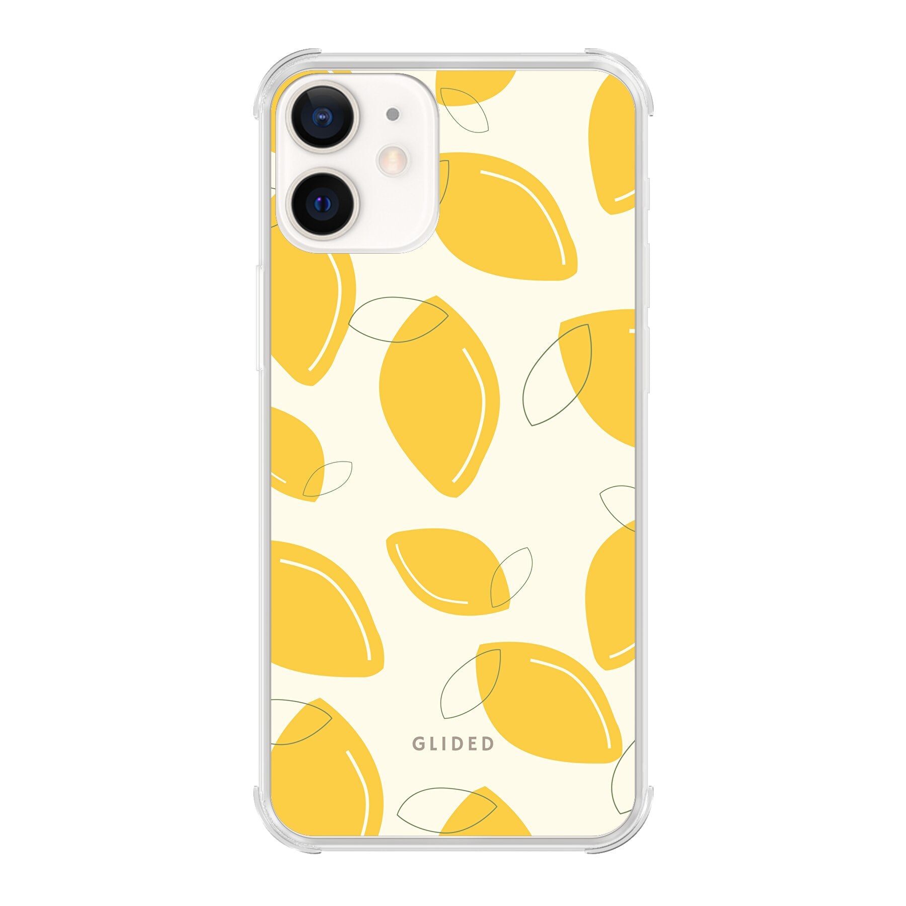 Abstract Lemon iPhone 12 Handyhülle mit lebendigen Zitronenmuster auf gelbem Hintergrund, idealer Schutz und stilvolles Design.