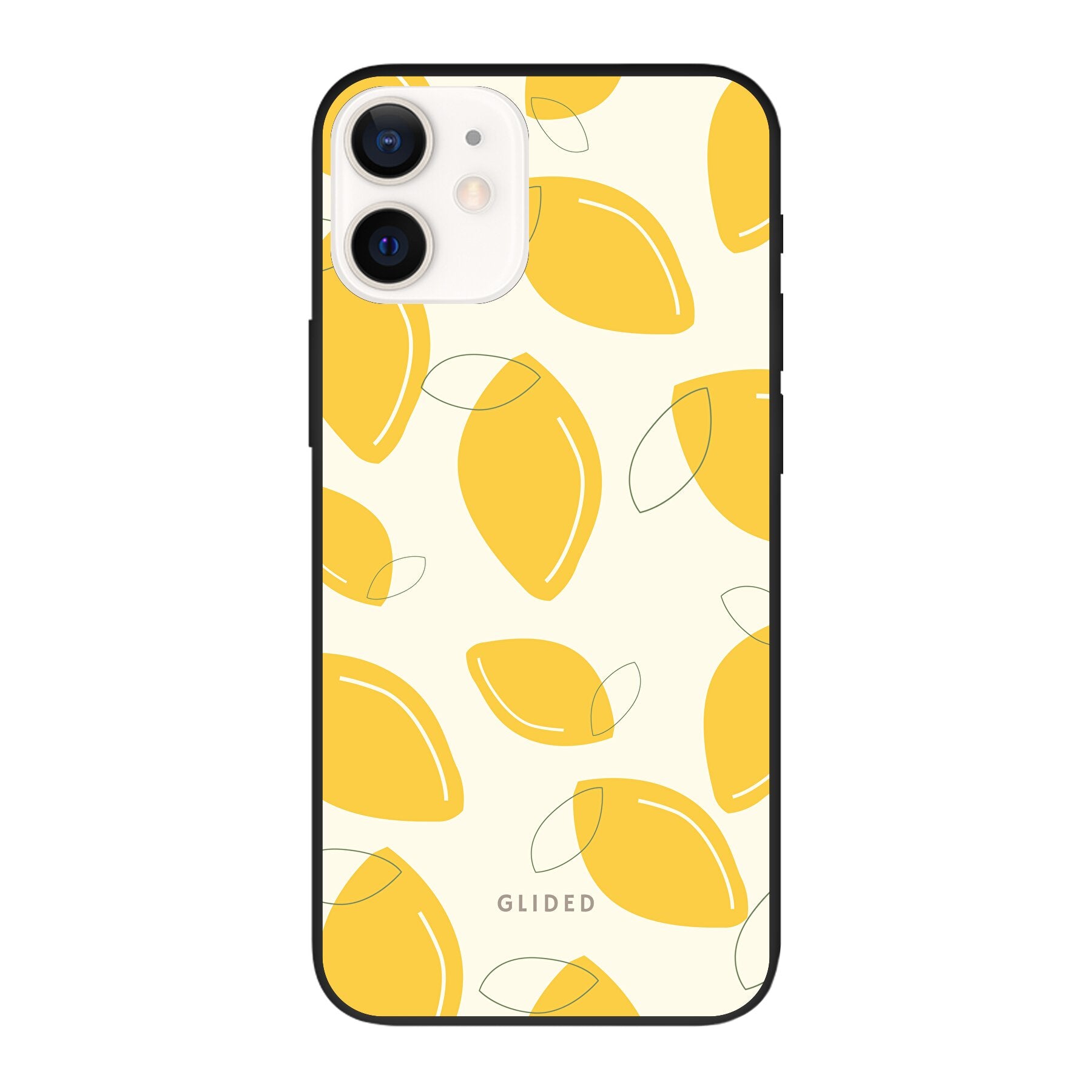 Abstract Lemon iPhone 12 Handyhülle mit lebendigen Zitronenmuster auf gelbem Hintergrund, idealer Schutz und stilvolles Design.