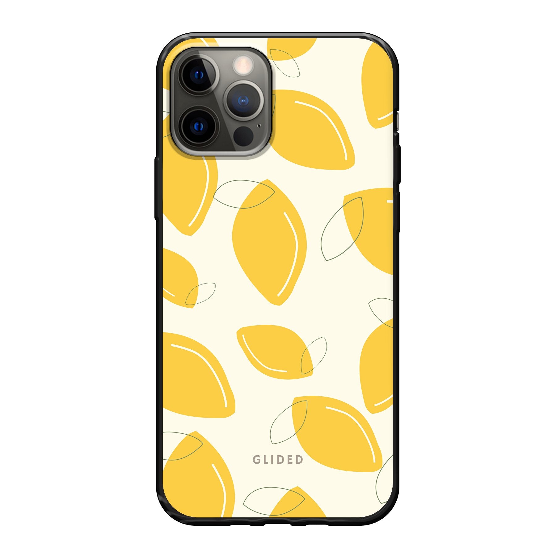 Abstract Lemon iPhone 12 Handyhülle mit lebendigen Zitronenmuster auf gelbem Hintergrund, idealer Schutz und stilvolles Design.