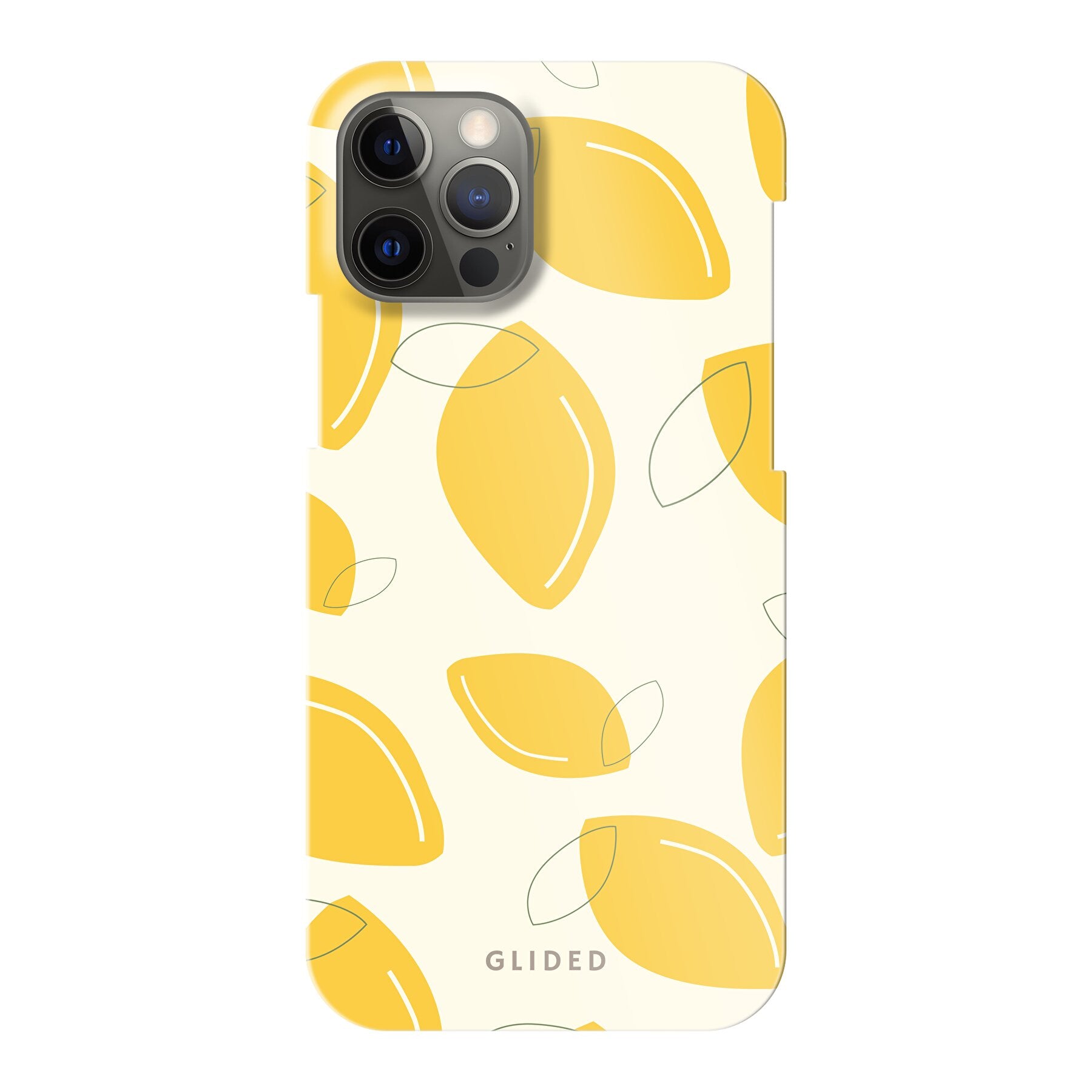 Abstract Lemon iPhone 12 Handyhülle mit lebendigen Zitronenmuster auf gelbem Hintergrund, idealer Schutz und stilvolles Design.