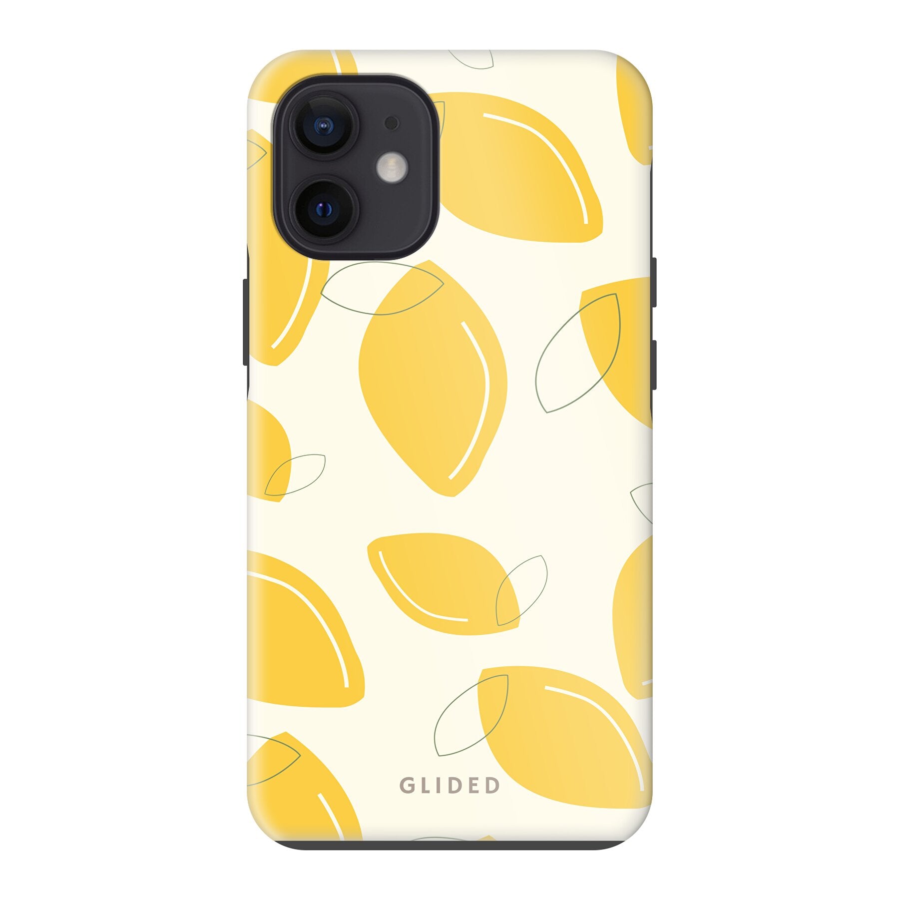 Abstract Lemon iPhone 12 mini Handyhülle mit lebendigen Zitronenmuster auf gelbem Hintergrund, idealer Schutz und stilvolles Design.