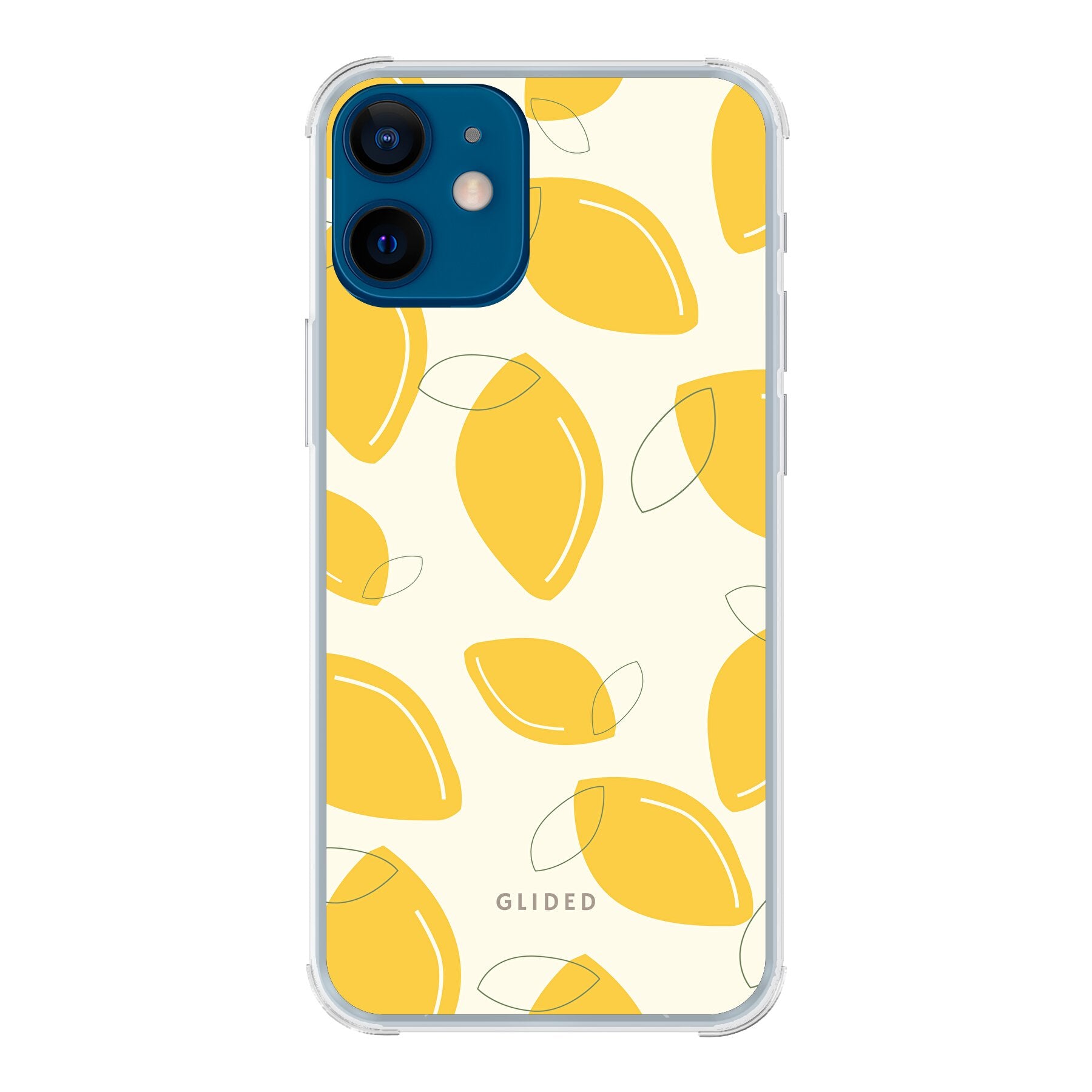 Abstract Lemon iPhone 12 mini Handyhülle mit lebendigen Zitronenmuster auf gelbem Hintergrund, idealer Schutz und stilvolles Design.