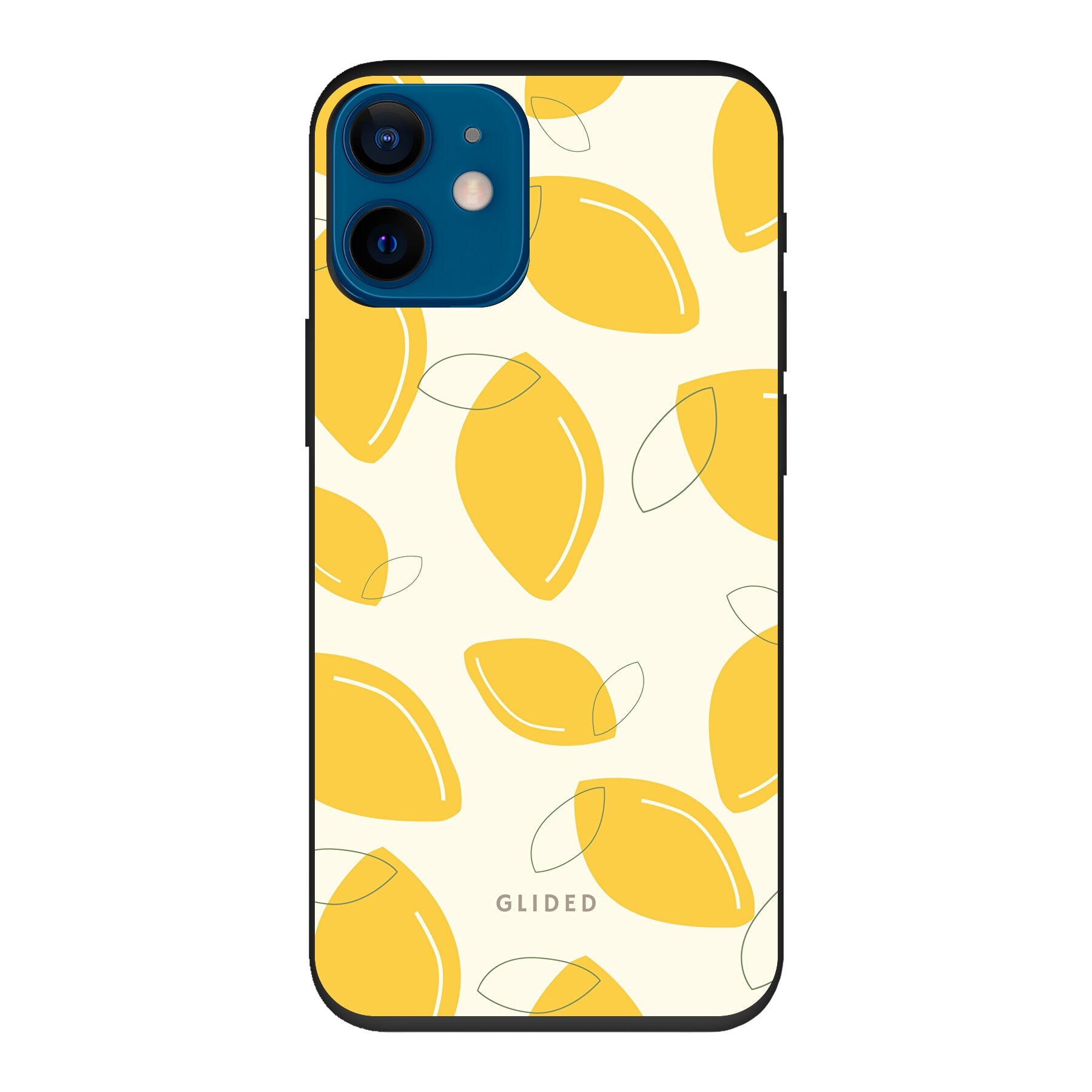 Abstract Lemon iPhone 12 mini Handyhülle mit lebendigen Zitronenmuster auf gelbem Hintergrund, idealer Schutz und stilvolles Design.