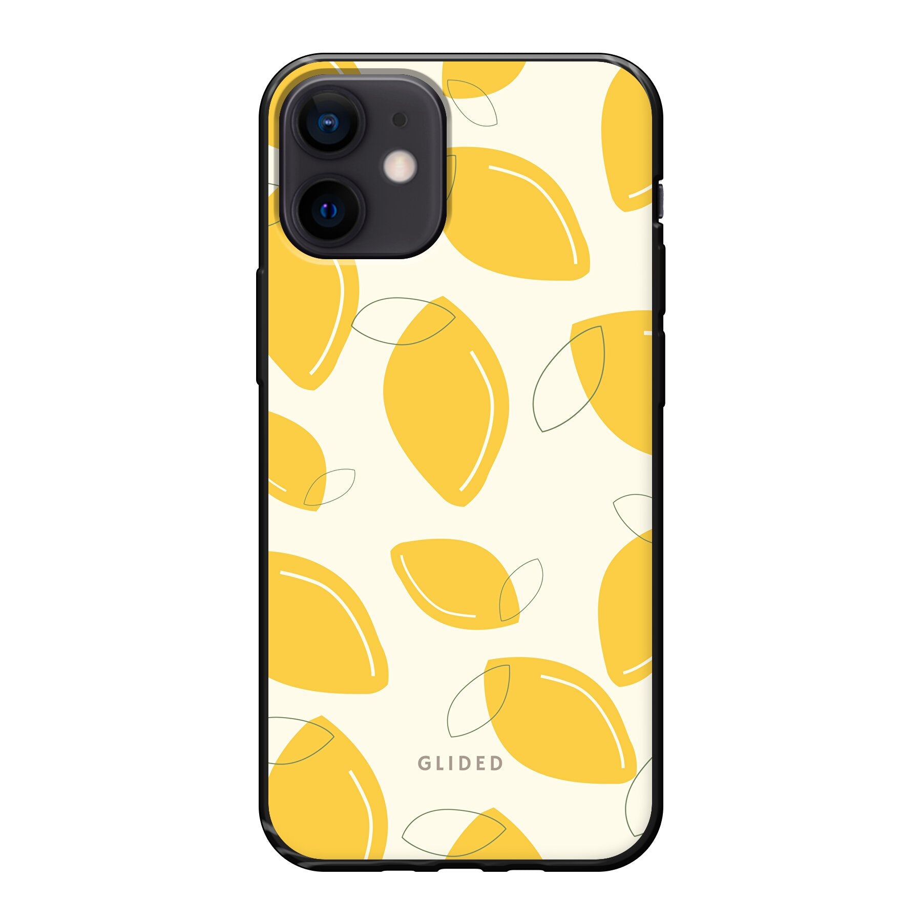 Abstract Lemon iPhone 12 mini Handyhülle mit lebendigen Zitronenmuster auf gelbem Hintergrund, idealer Schutz und stilvolles Design.