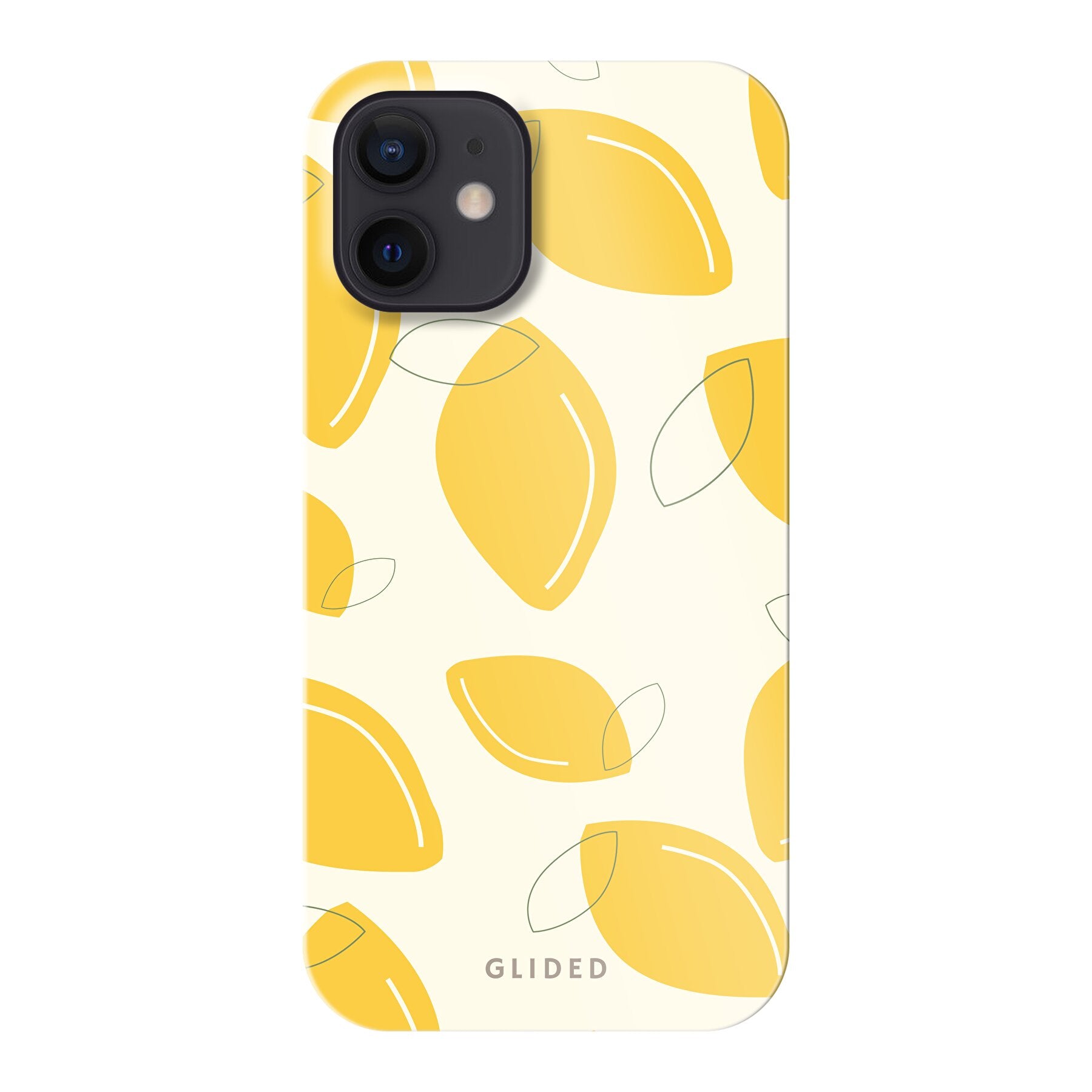 Abstract Lemon iPhone 12 mini Handyhülle mit lebendigen Zitronenmuster auf gelbem Hintergrund, idealer Schutz und stilvolles Design.