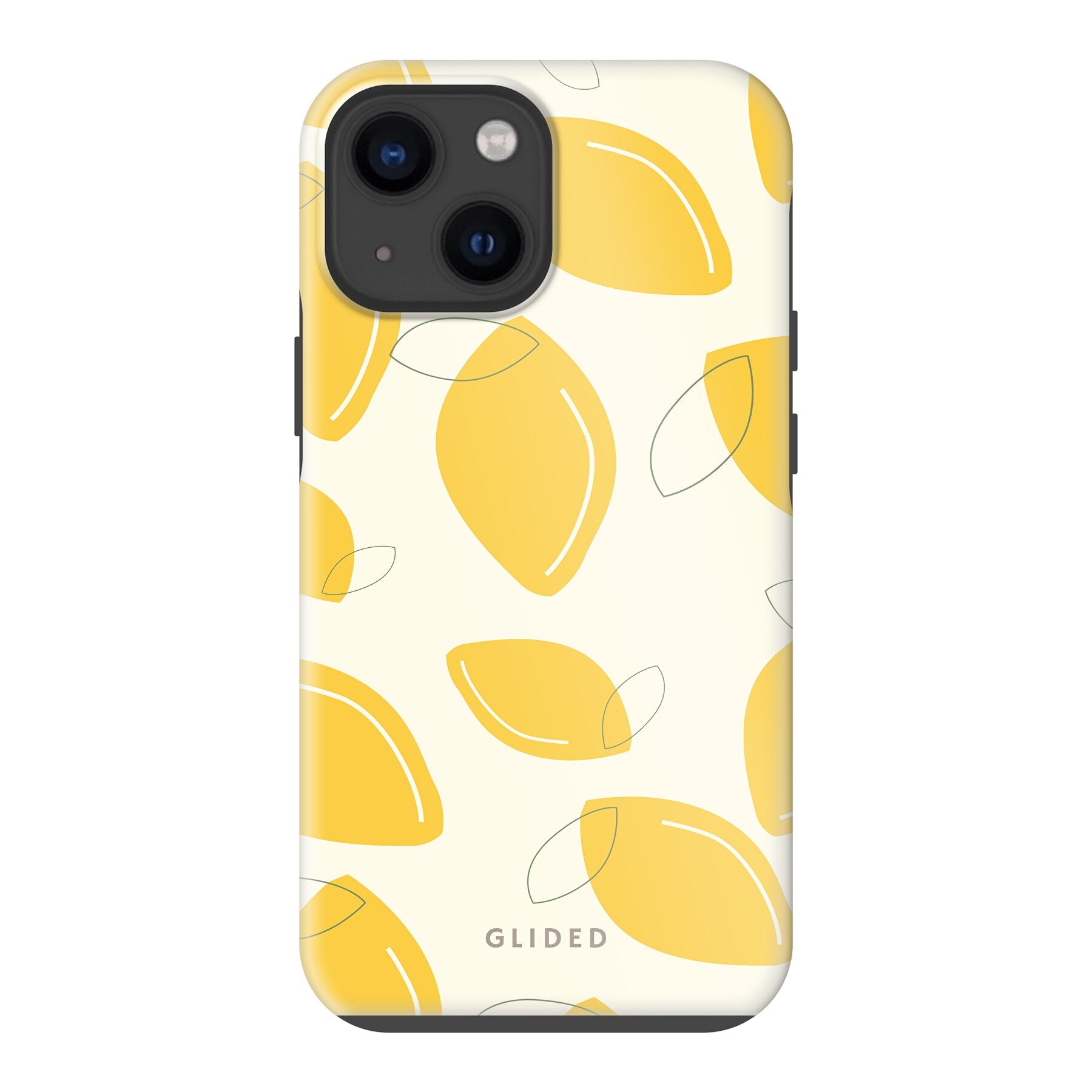 Abstract Lemon iPhone 13 mini Handyhülle mit lebendigen Zitronenmuster auf gelbem Hintergrund, idealer Schutz und stilvolles Design.