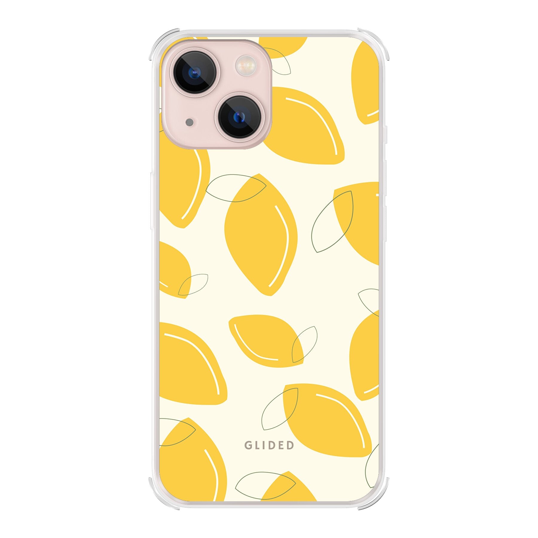 Abstract Lemon iPhone 13 mini Handyhülle mit lebendigen Zitronenmuster auf gelbem Hintergrund, idealer Schutz und stilvolles Design.