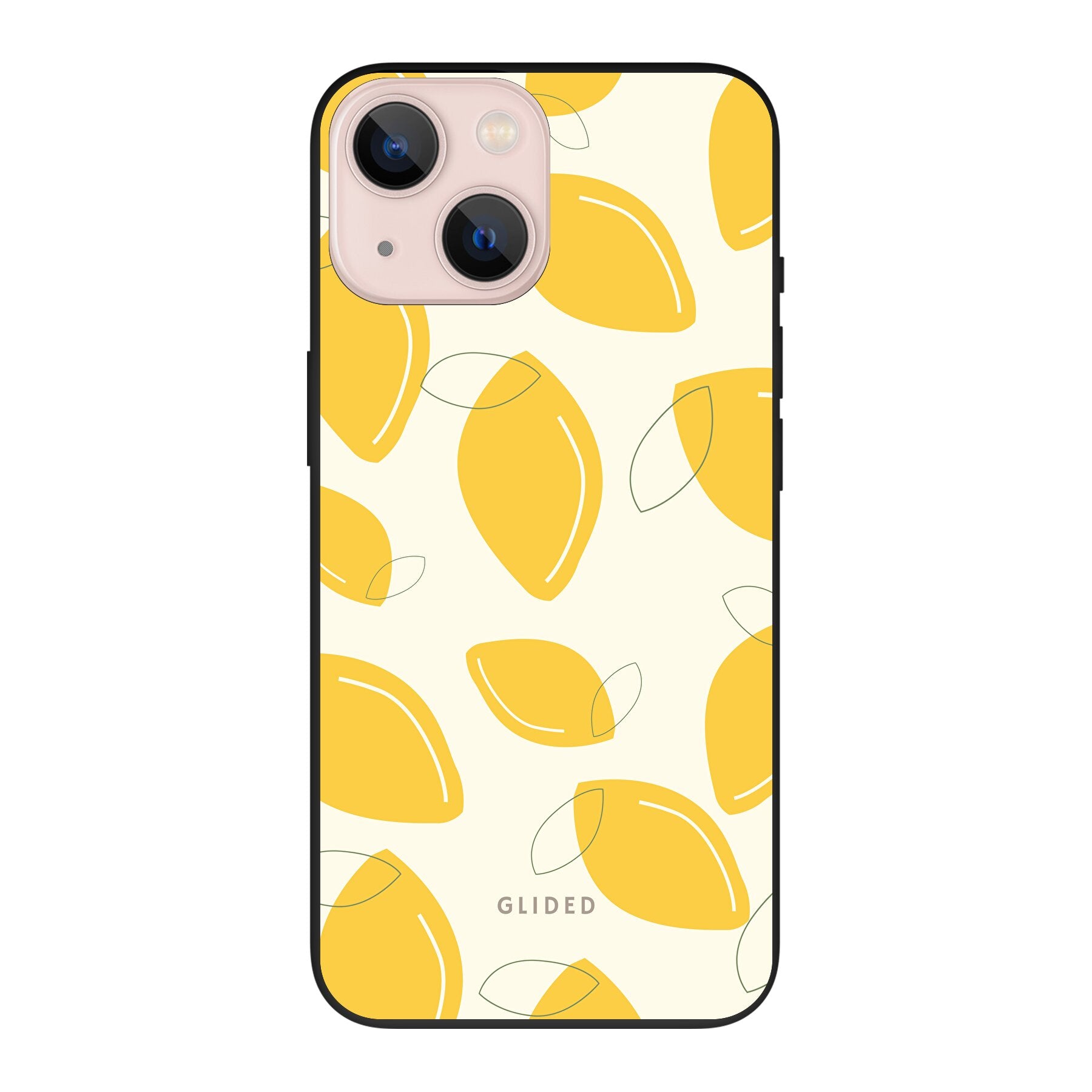 Abstract Lemon iPhone 13 mini Handyhülle mit lebendigen Zitronenmuster auf gelbem Hintergrund, idealer Schutz und stilvolles Design.