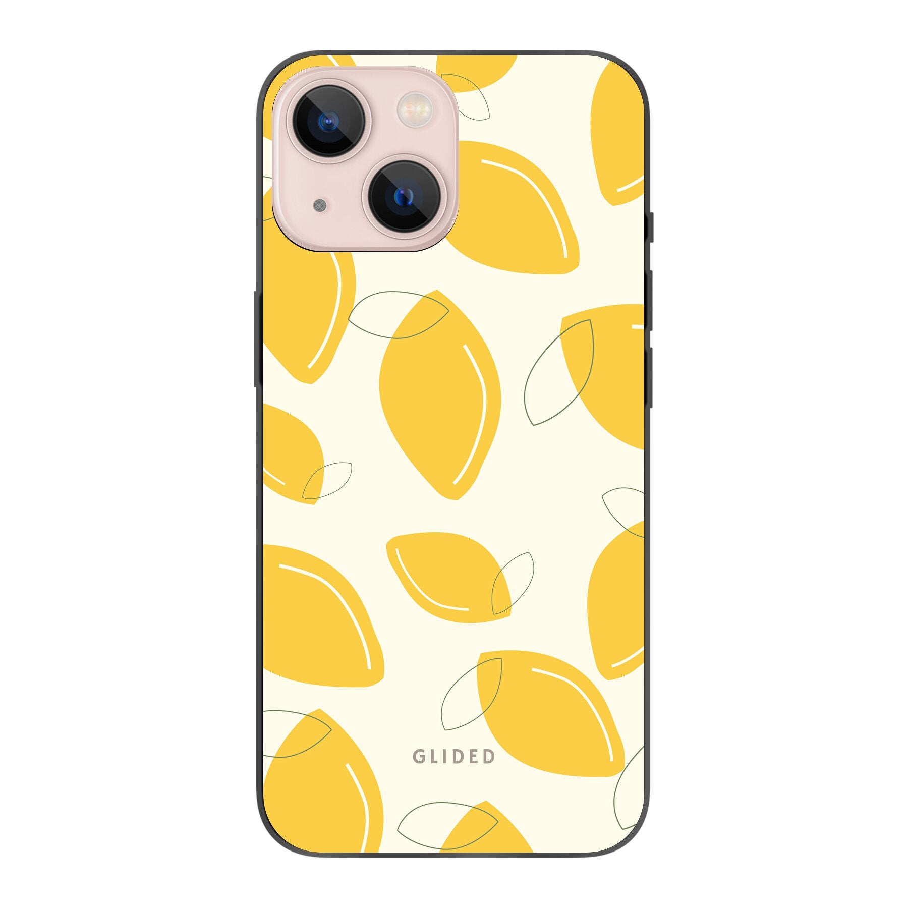 Abstract Lemon iPhone 13 mini Handyhülle mit lebendigen Zitronenmuster auf gelbem Hintergrund, idealer Schutz und stilvolles Design.