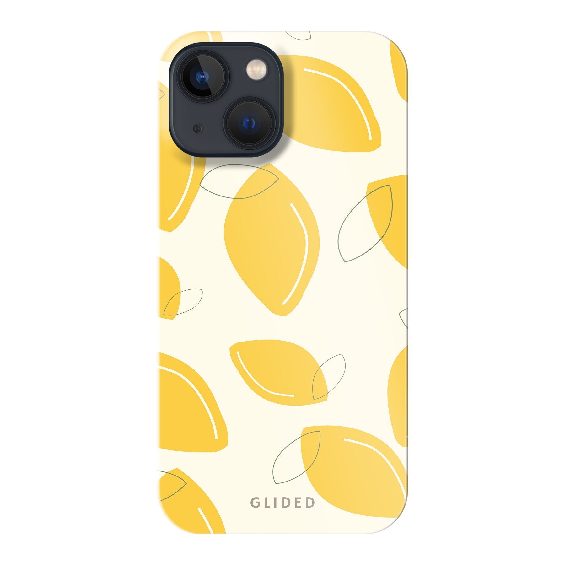 Abstract Lemon iPhone 13 mini Handyhülle mit lebendigen Zitronenmuster auf gelbem Hintergrund, idealer Schutz und stilvolles Design.