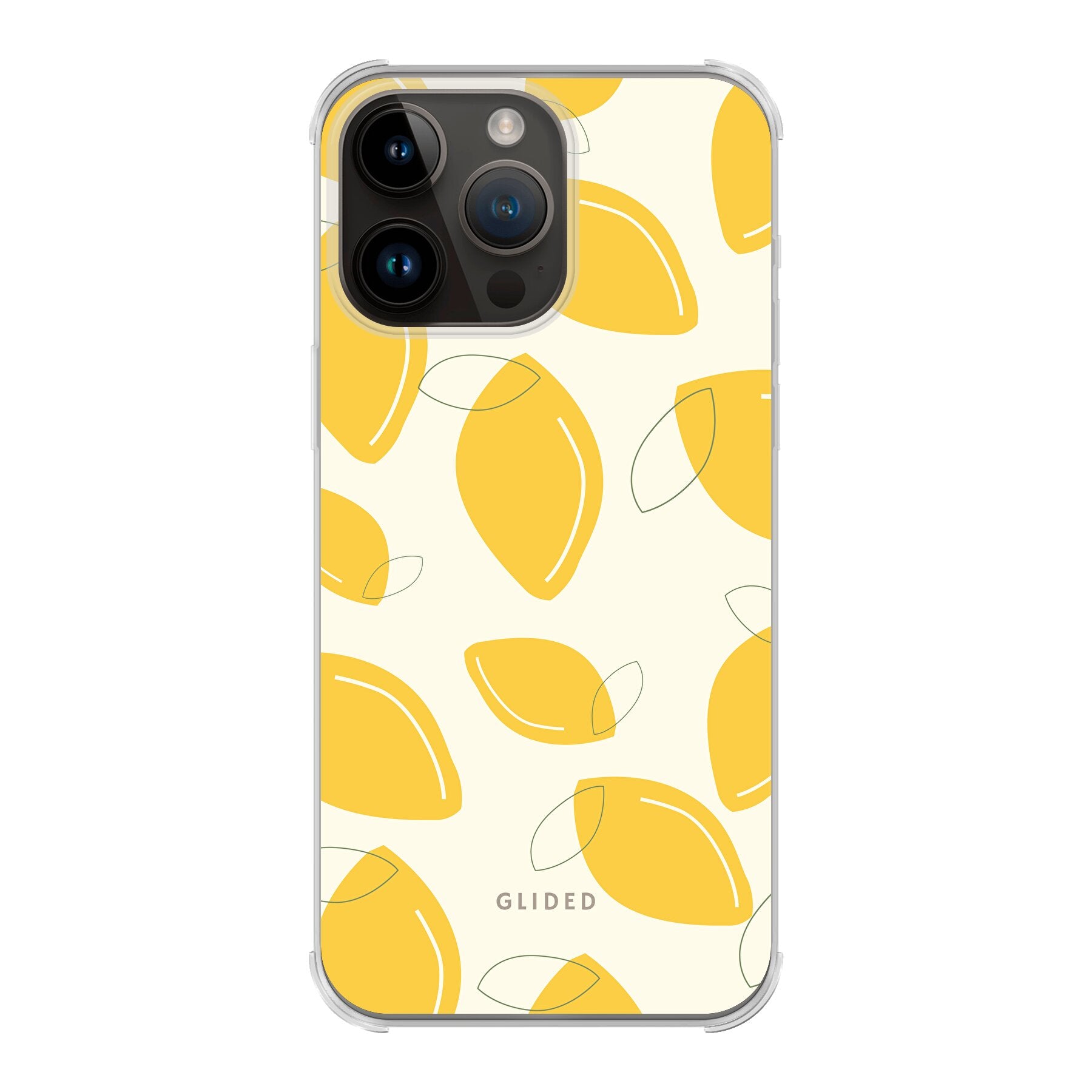 Abstract Lemon Handyhülle für iPhone 14 Pro Max mit lebendigen Zitronenmuster auf gelbem Hintergrund, idealer Schutz und stilvolles Design.