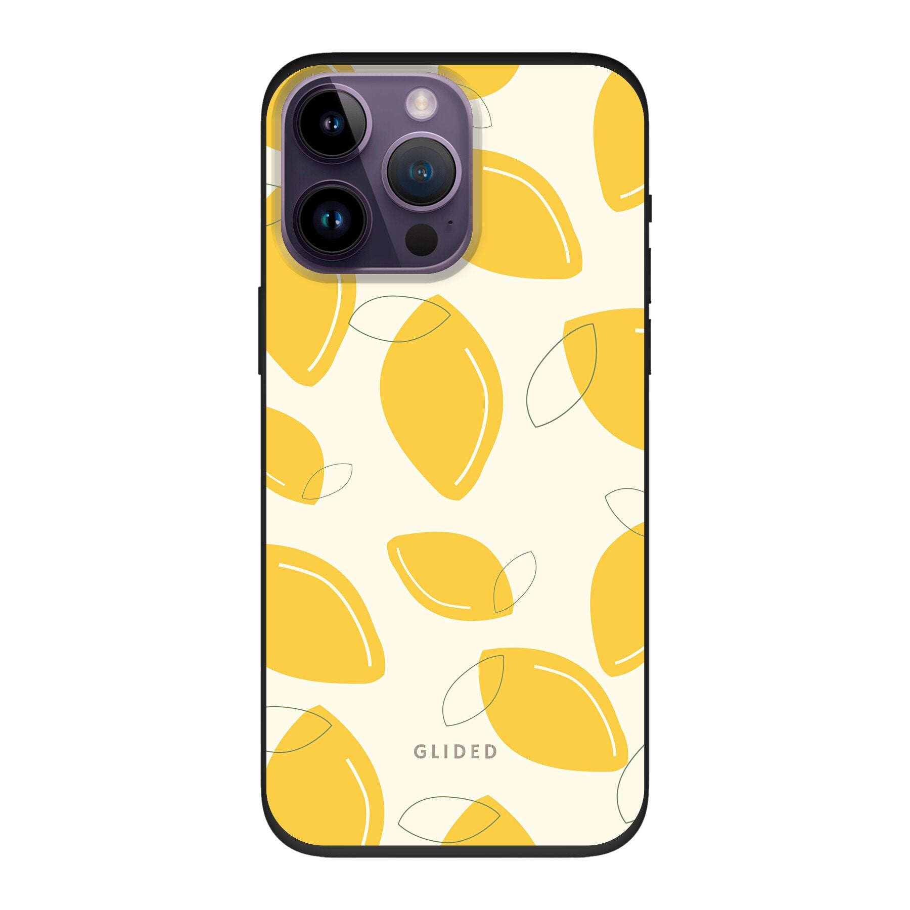 Abstract Lemon Handyhülle für iPhone 14 Pro Max mit lebendigen Zitronenmuster auf gelbem Hintergrund, idealer Schutz und stilvolles Design.