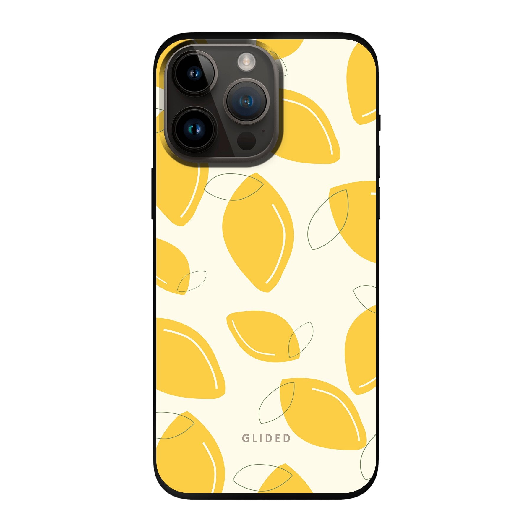 Abstract Lemon Handyhülle für iPhone 14 Pro Max mit lebendigen Zitronenmuster auf gelbem Hintergrund, idealer Schutz und stilvolles Design.