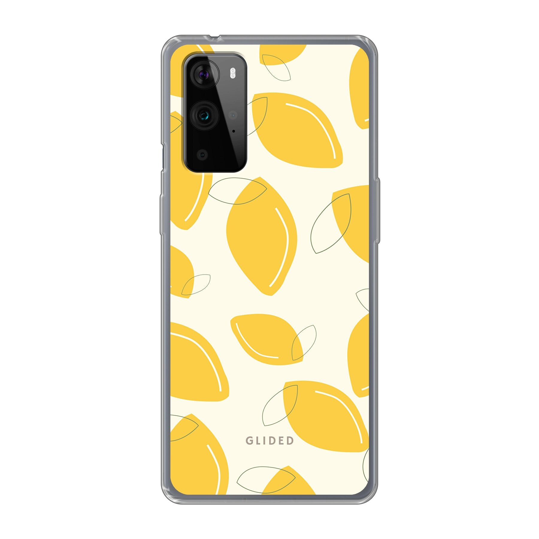 Abstract Lemon Handyhülle für OnePlus 9 Pro mit lebendigen Zitronenmuster auf gelbem Hintergrund, idealer Schutz und stilvolles Design.