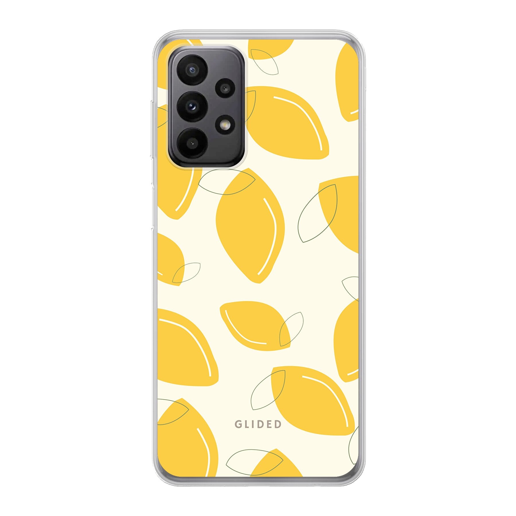 Abstract Lemon Handyhülle für Samsung Galaxy A23 5G mit lebendigen Zitronenmuster auf gelbem Hintergrund.