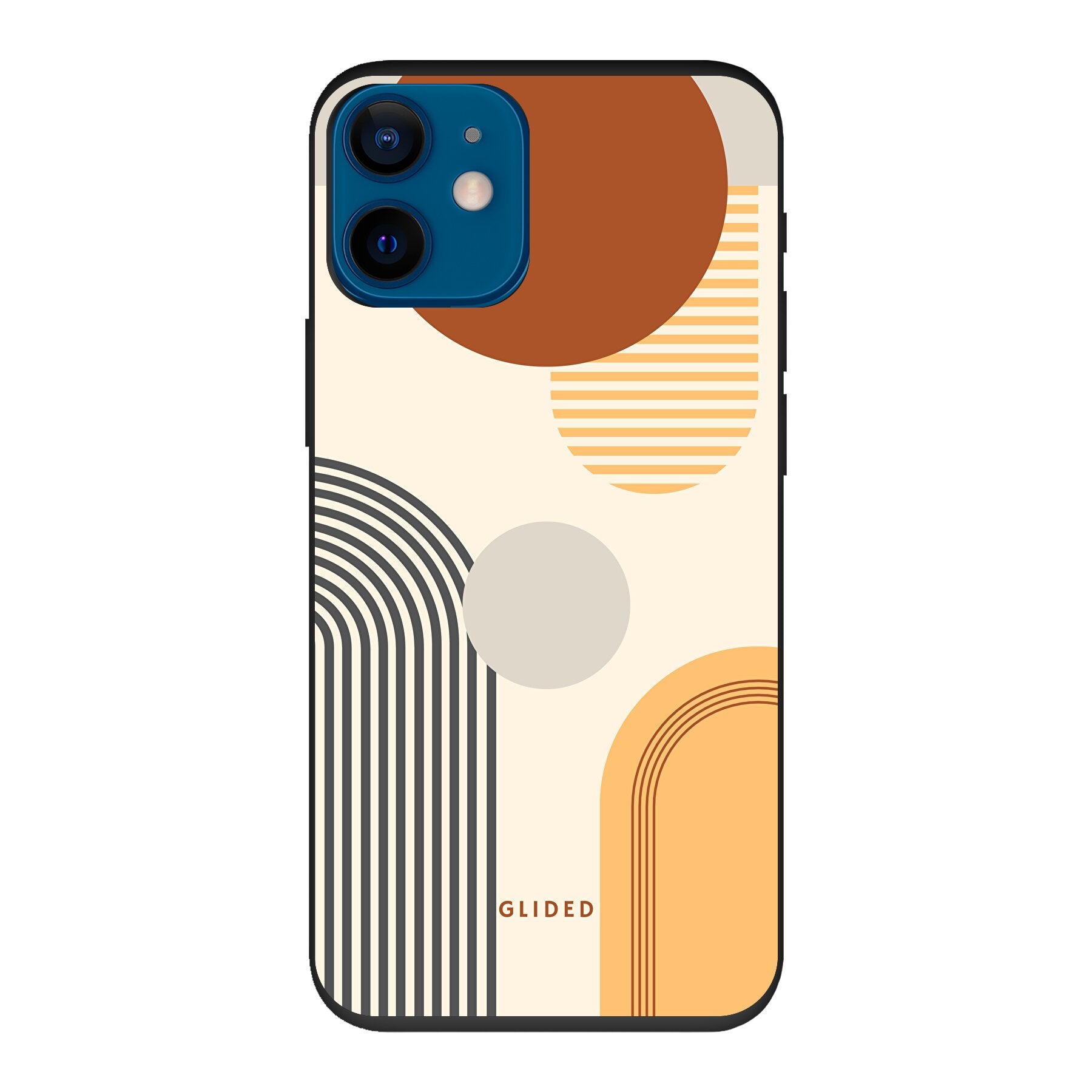 Abstraction iPhone 12 mini Handyhülle mit modernem Design aus Kreisen und ovalen Formen, ideal für stilbewusste Nutzer.