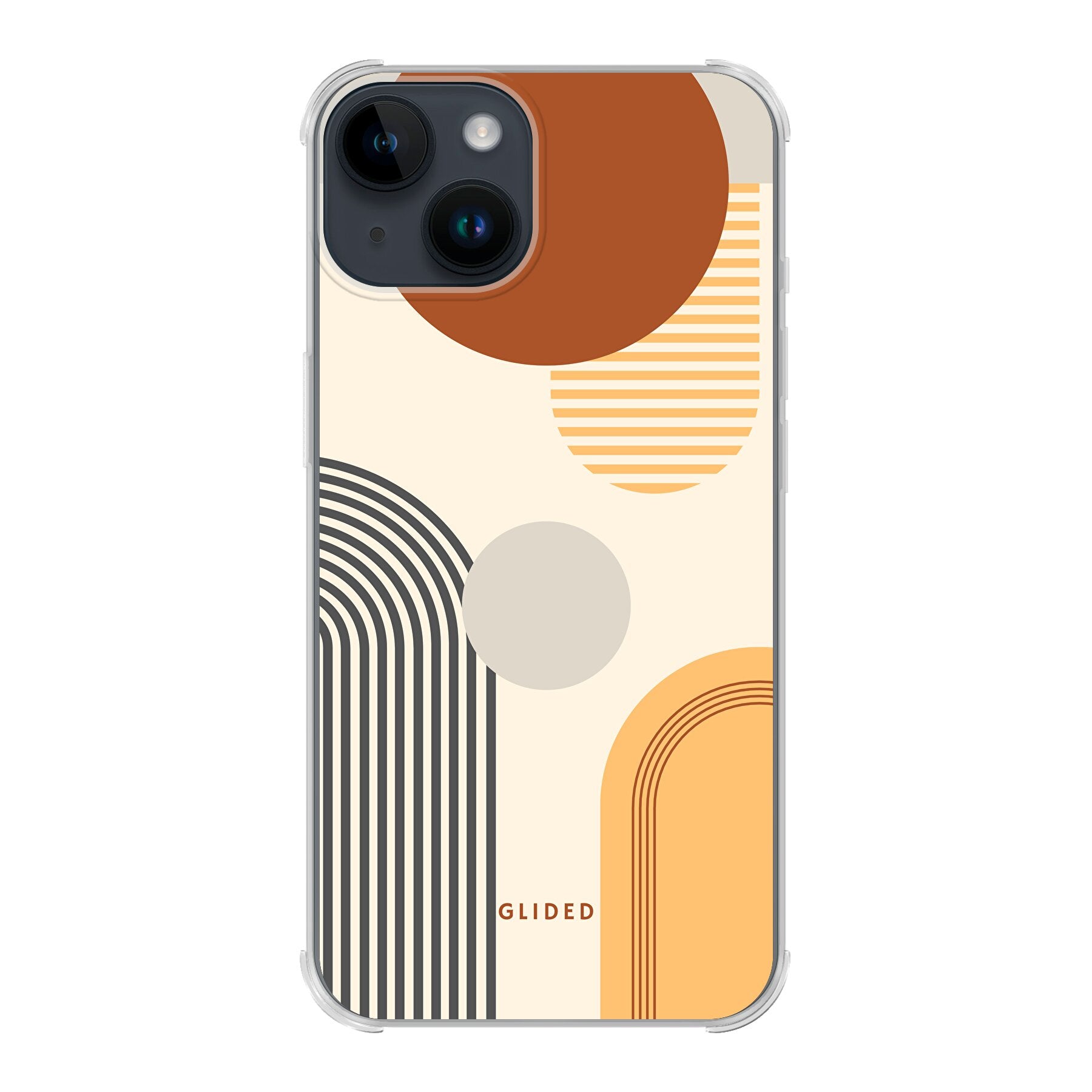 Abstraction iPhone 14 Handyhülle mit modernem Design aus Kreisen und ovalen Formen, ideal für stilbewusste Nutzer.