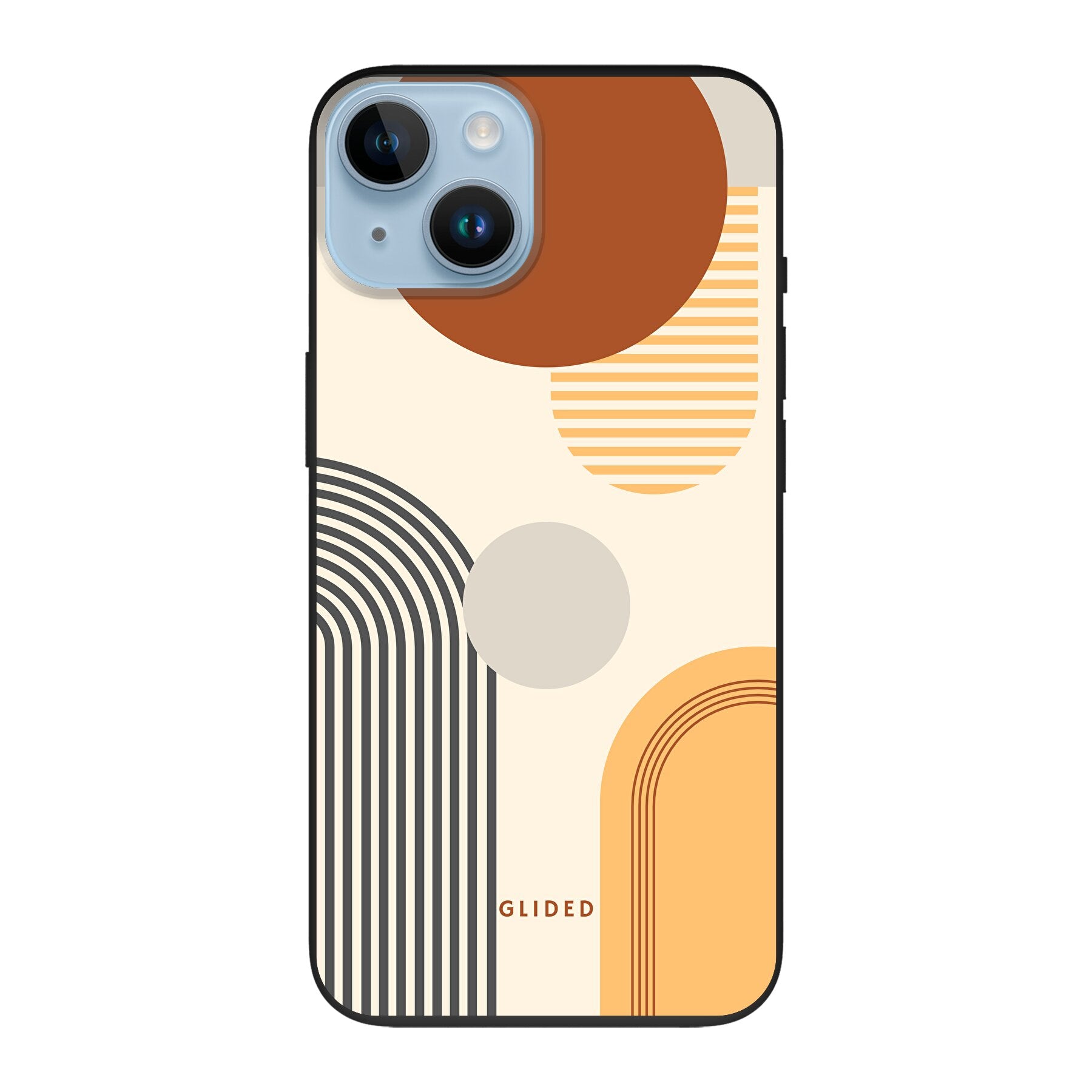 Abstraction iPhone 14 Handyhülle mit modernem Design aus Kreisen und ovalen Formen, ideal für stilbewusste Nutzer.