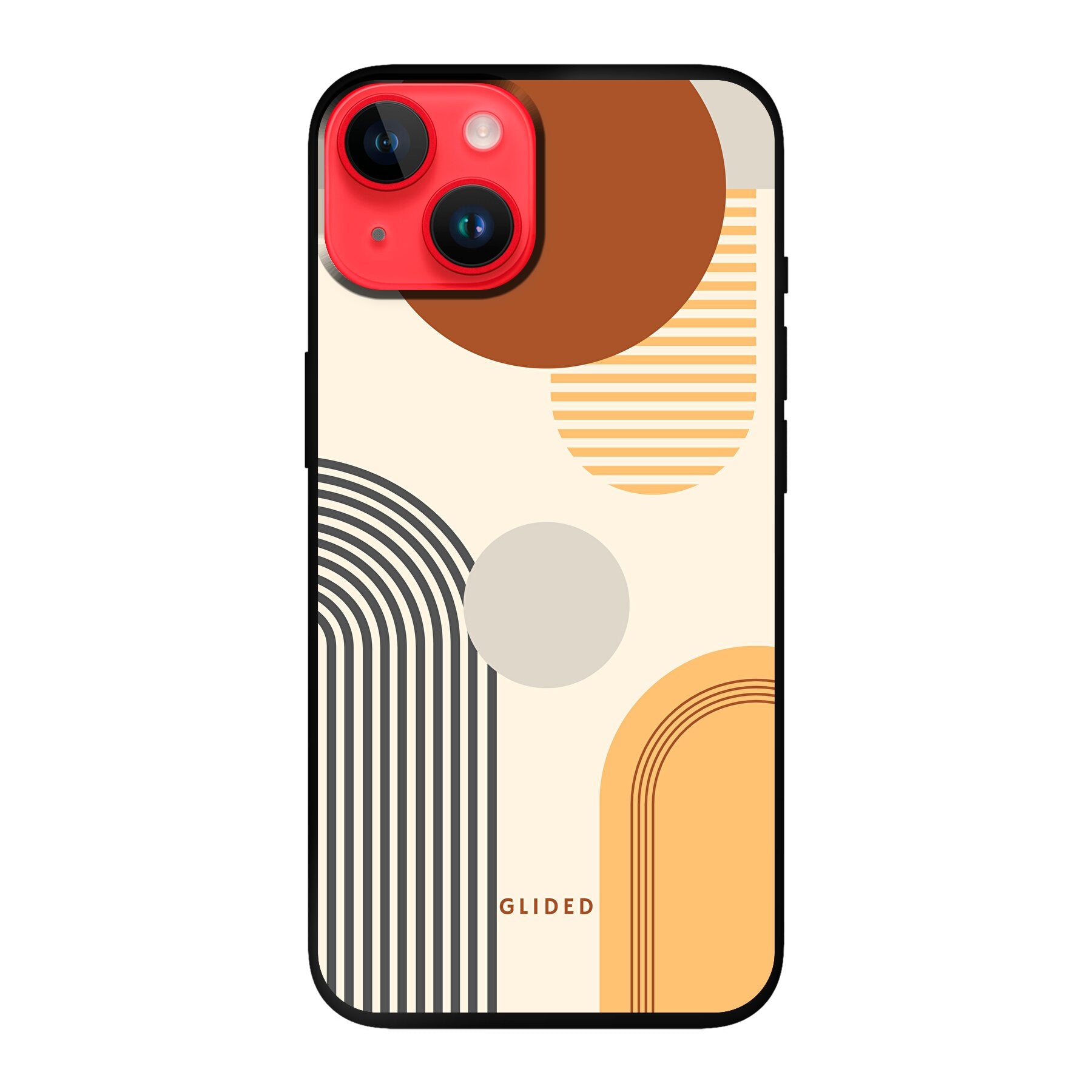 Abstraction iPhone 14 Handyhülle mit modernem Design aus Kreisen und ovalen Formen, ideal für stilbewusste Nutzer.