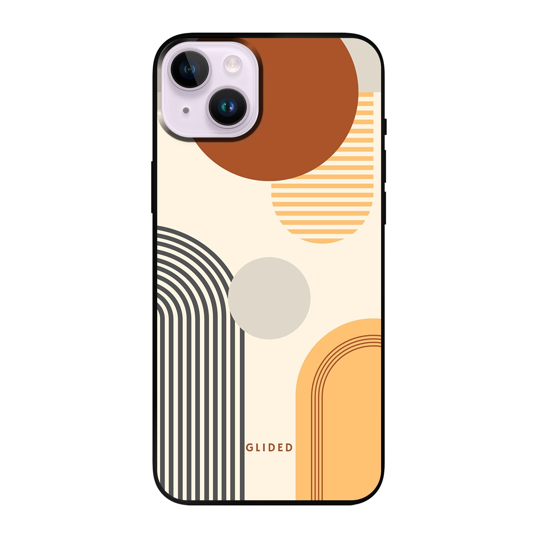 Abstraction iPhone 14 Plus Handyhülle mit modernem Design aus Kreisen und ovalen Formen, ideal für stilbewusste Nutzer.