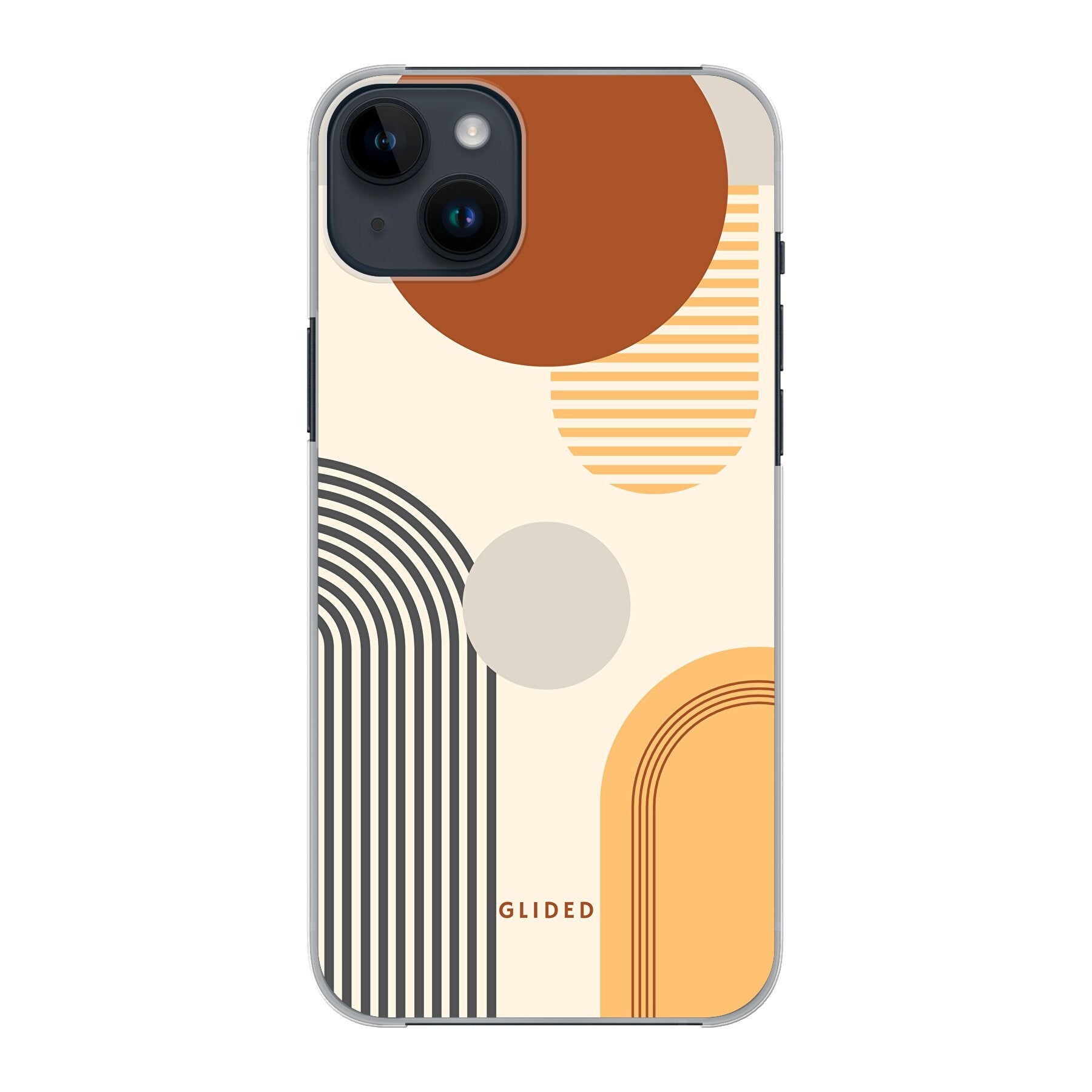 Abstraction iPhone 14 Plus Handyhülle mit modernem Design aus Kreisen und ovalen Formen, ideal für stilbewusste Nutzer.