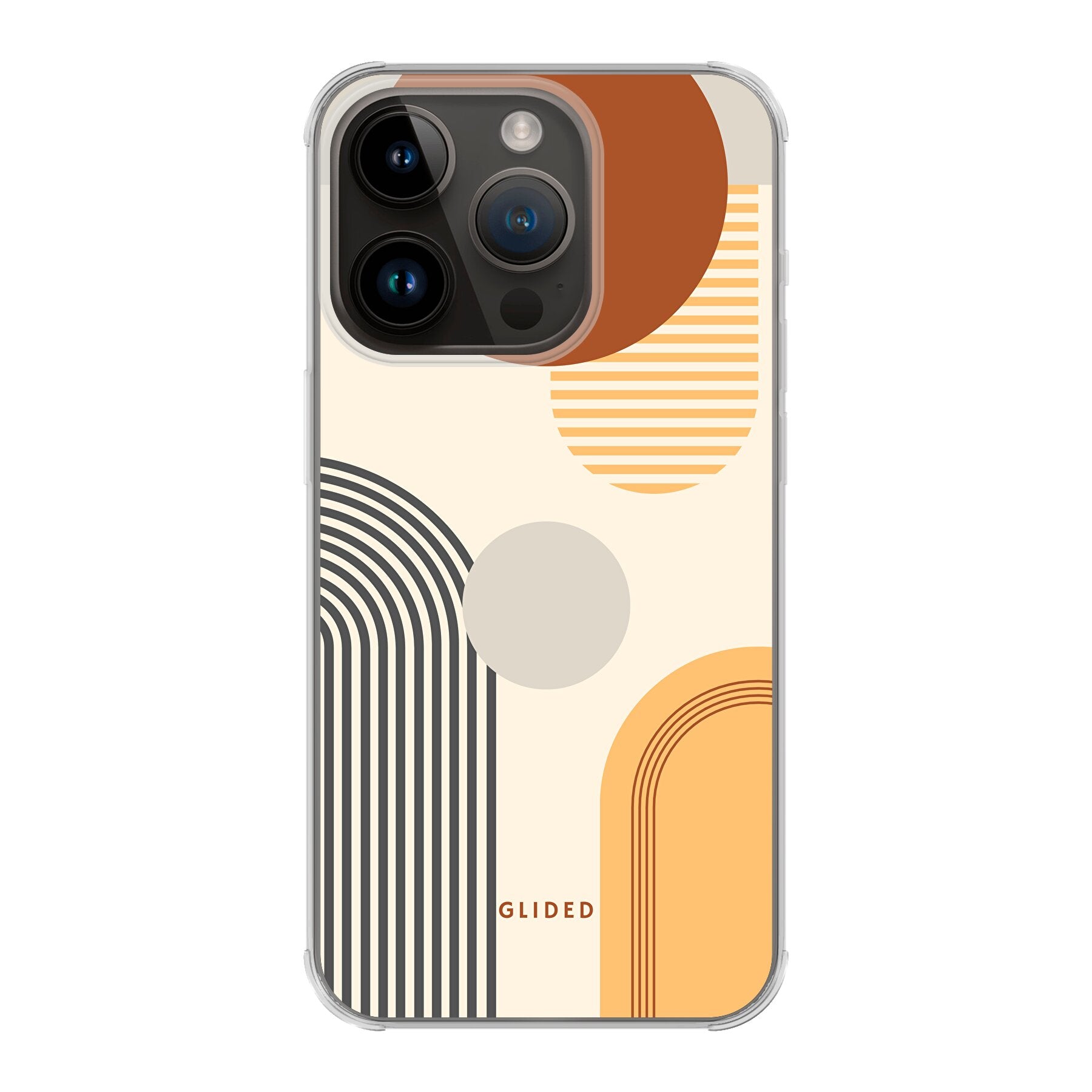 Abstraction iPhone 14 Pro Handyhülle mit modernem Design aus Kreisen und ovalen Formen, idealer Schutz und stilvoller Ausdruck.