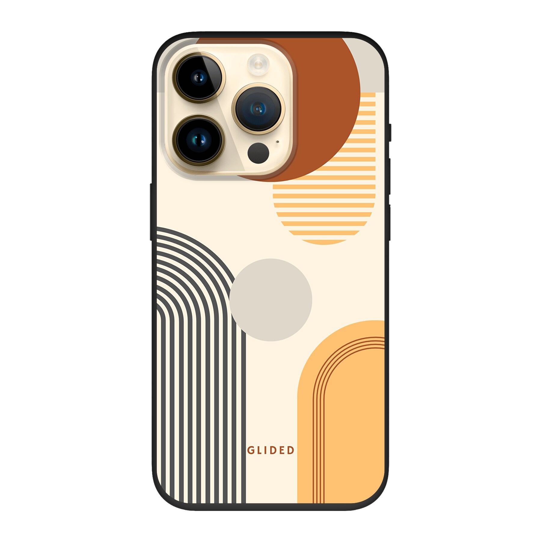 Abstraction iPhone 14 Pro Handyhülle mit modernem Design aus Kreisen und ovalen Formen, idealer Schutz und stilvoller Ausdruck.