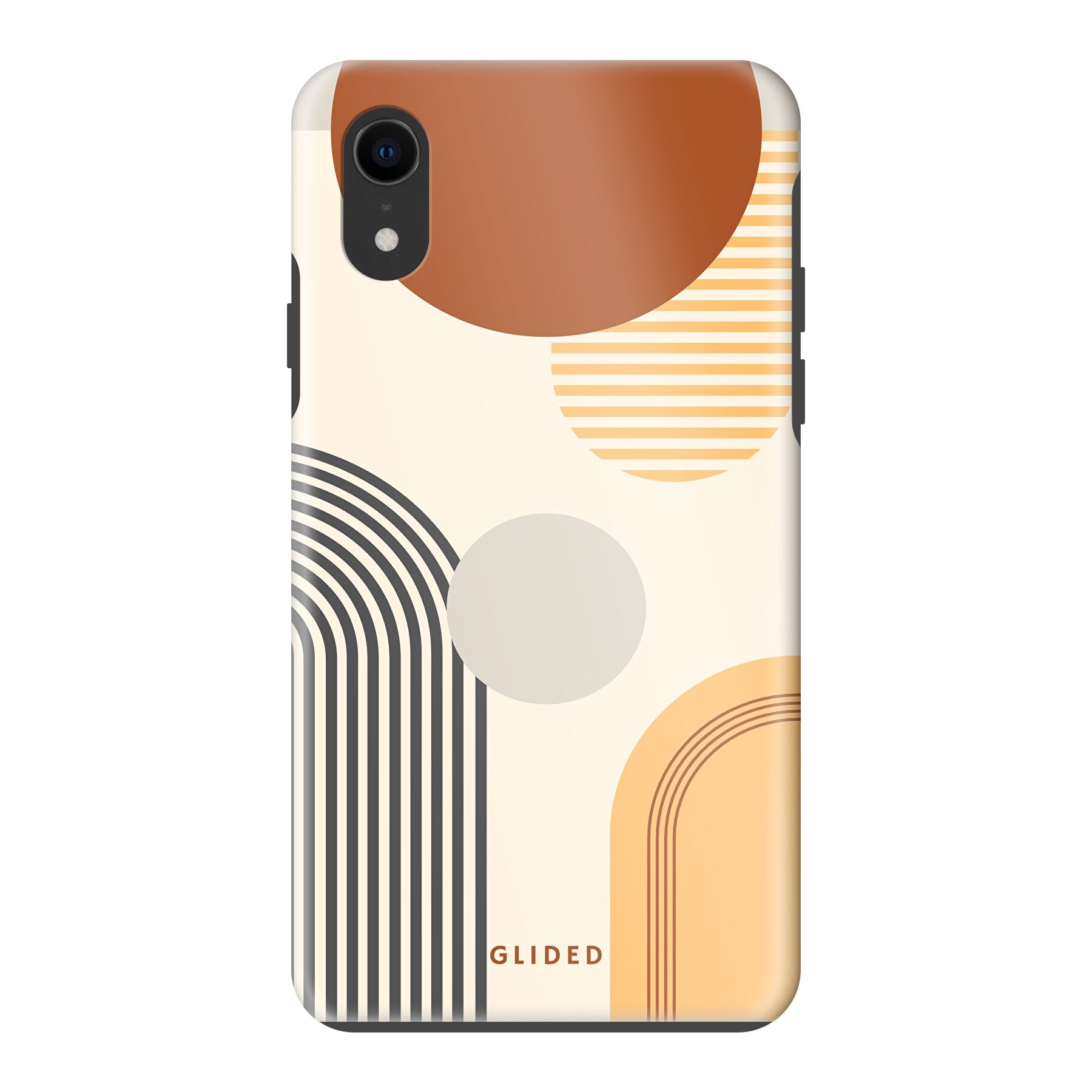 Abstraction iPhone XR Handyhülle mit modernem Design aus Kreisen und ovalen Formen, ideal für stilbewusste Nutzer.