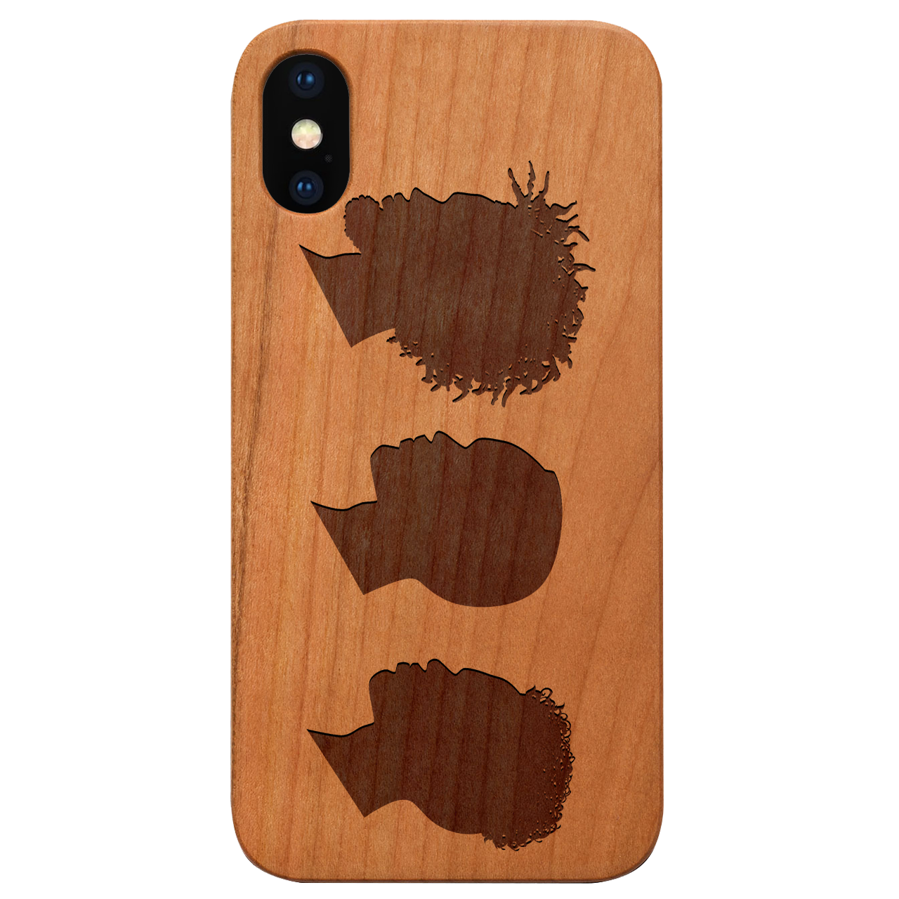 Engraved wooden phone case featuring African Man Faces design, showcasing intricate details and natural wood finish.