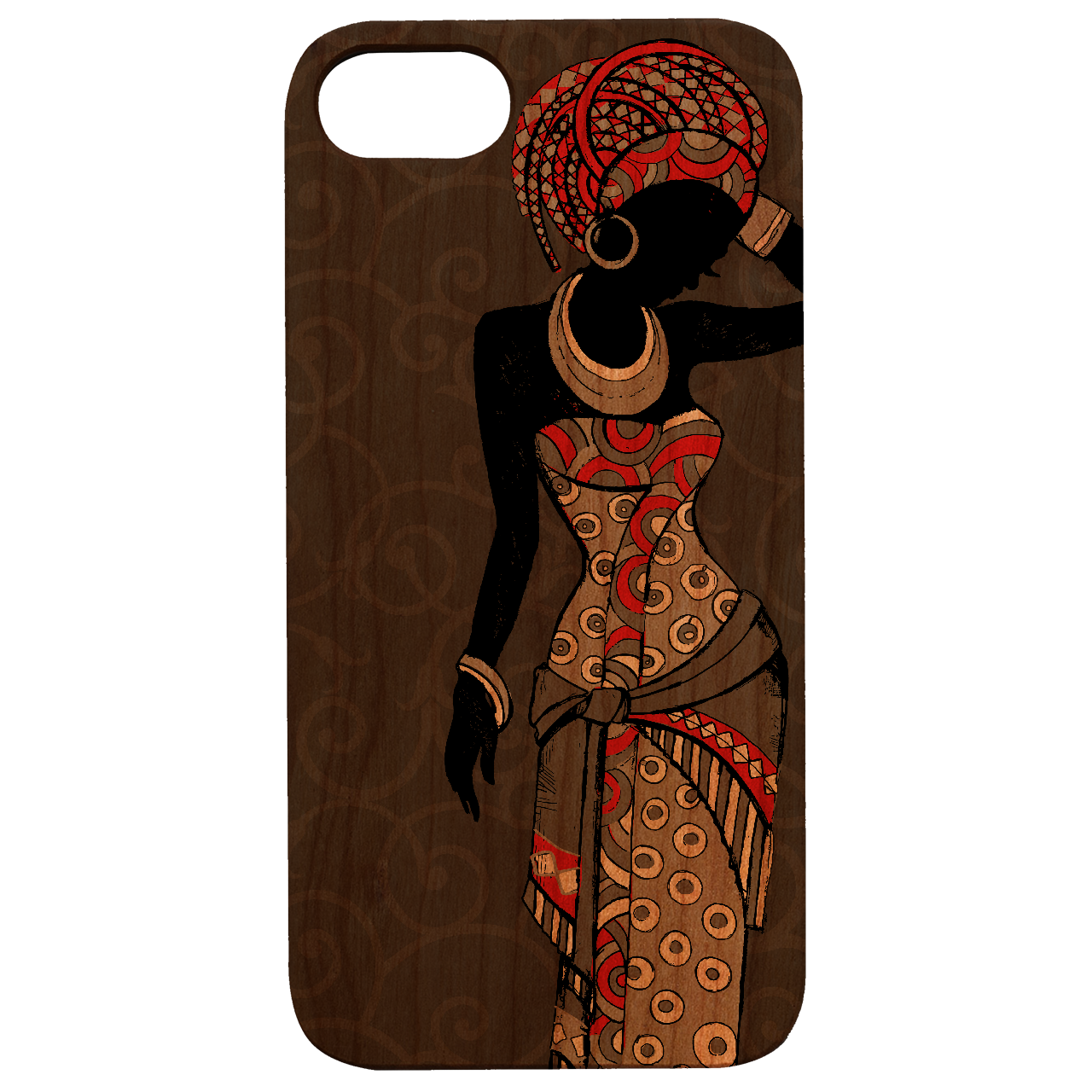 African Woman UV Color Printed phone case showcasing vibrant colors and intricate design on a wooden surface.