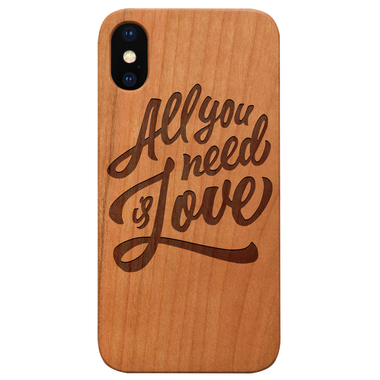 All You Need Is Love engraved wooden phone case featuring a unique design and durable construction, suitable for various smartphone models.