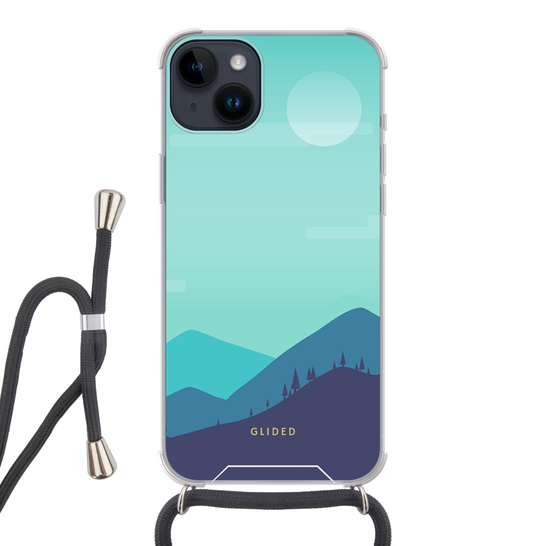 Alpine iPhone 14 Plus Handyhülle mit einzigartigem Bergdesign, bietet stilvollen Schutz und präzise Aussparungen.