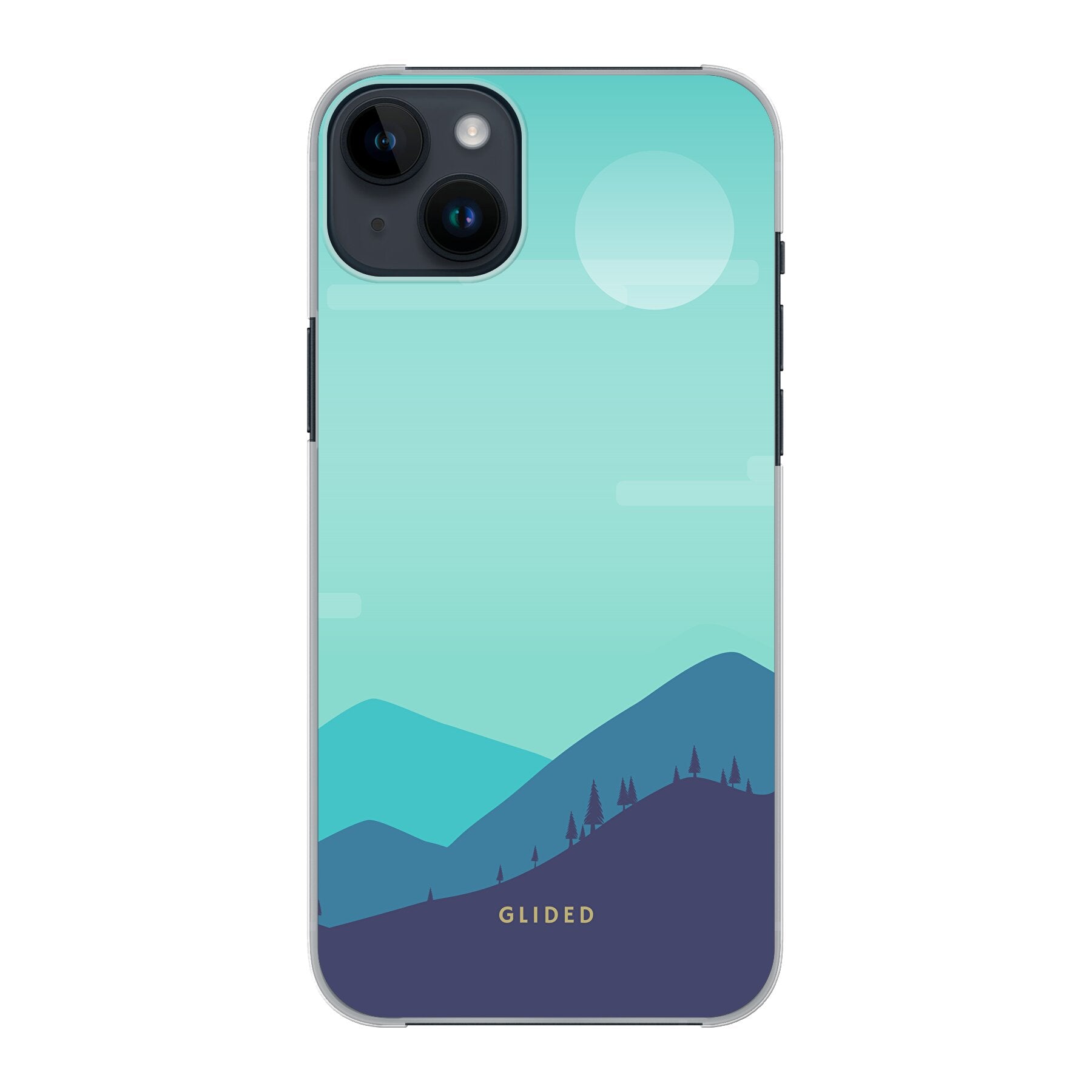 Alpine iPhone 14 Plus Handyhülle mit einzigartigem Bergdesign, bietet stilvollen Schutz und präzise Aussparungen.