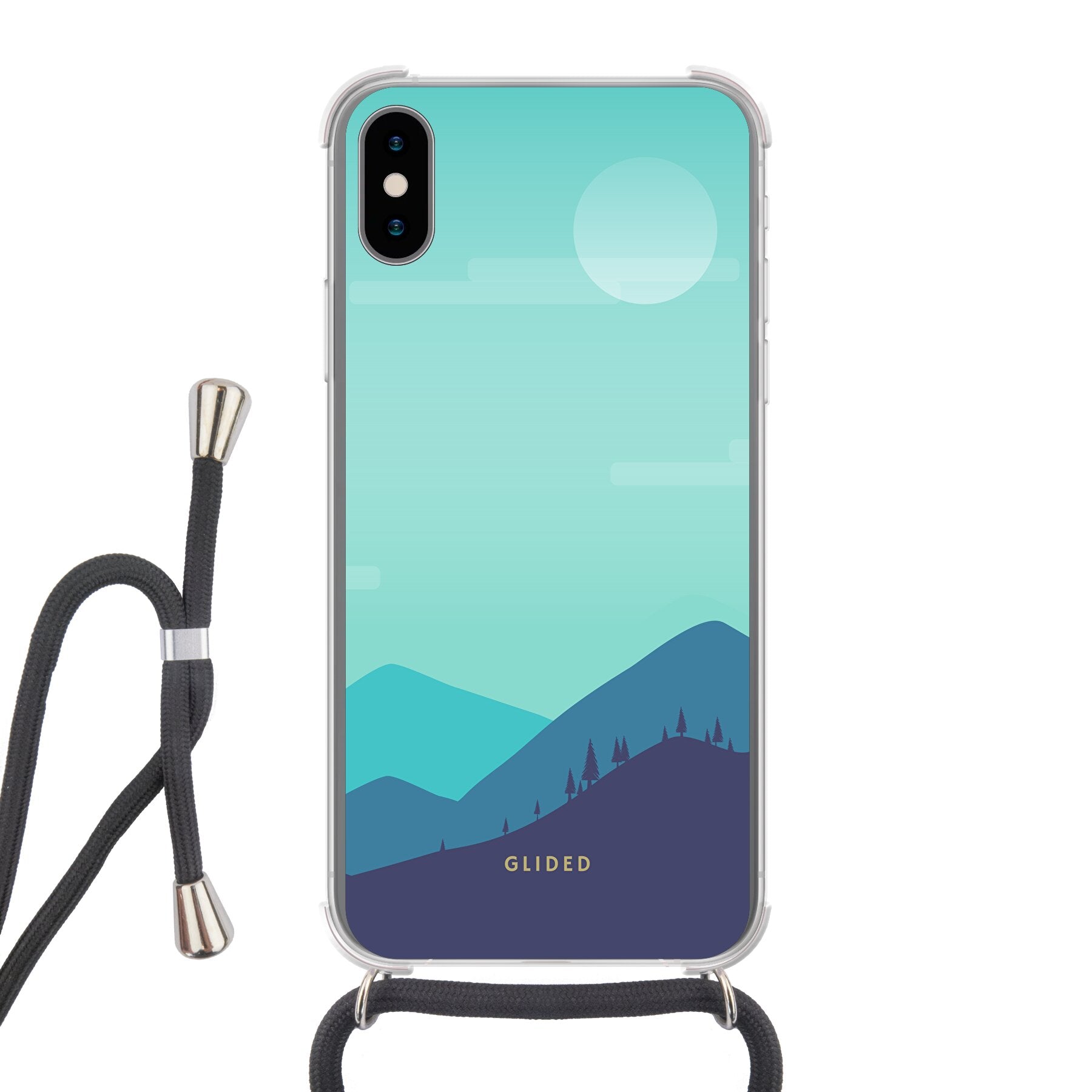 Alpine iPhone X/Xs Handyhülle mit einzigartigem Bergdesign, bietet stilvollen Schutz und präzise Aussparungen für alle Funktionen.