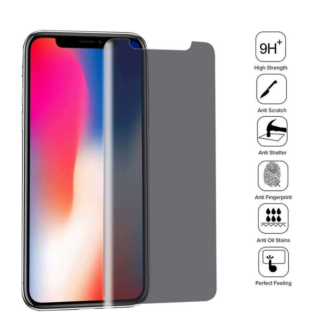 AMZER 9H Case Friendly Privacy 3D Tempered Glass Screen Protector for iPhone Xs, showcasing its sleek design and protective features.