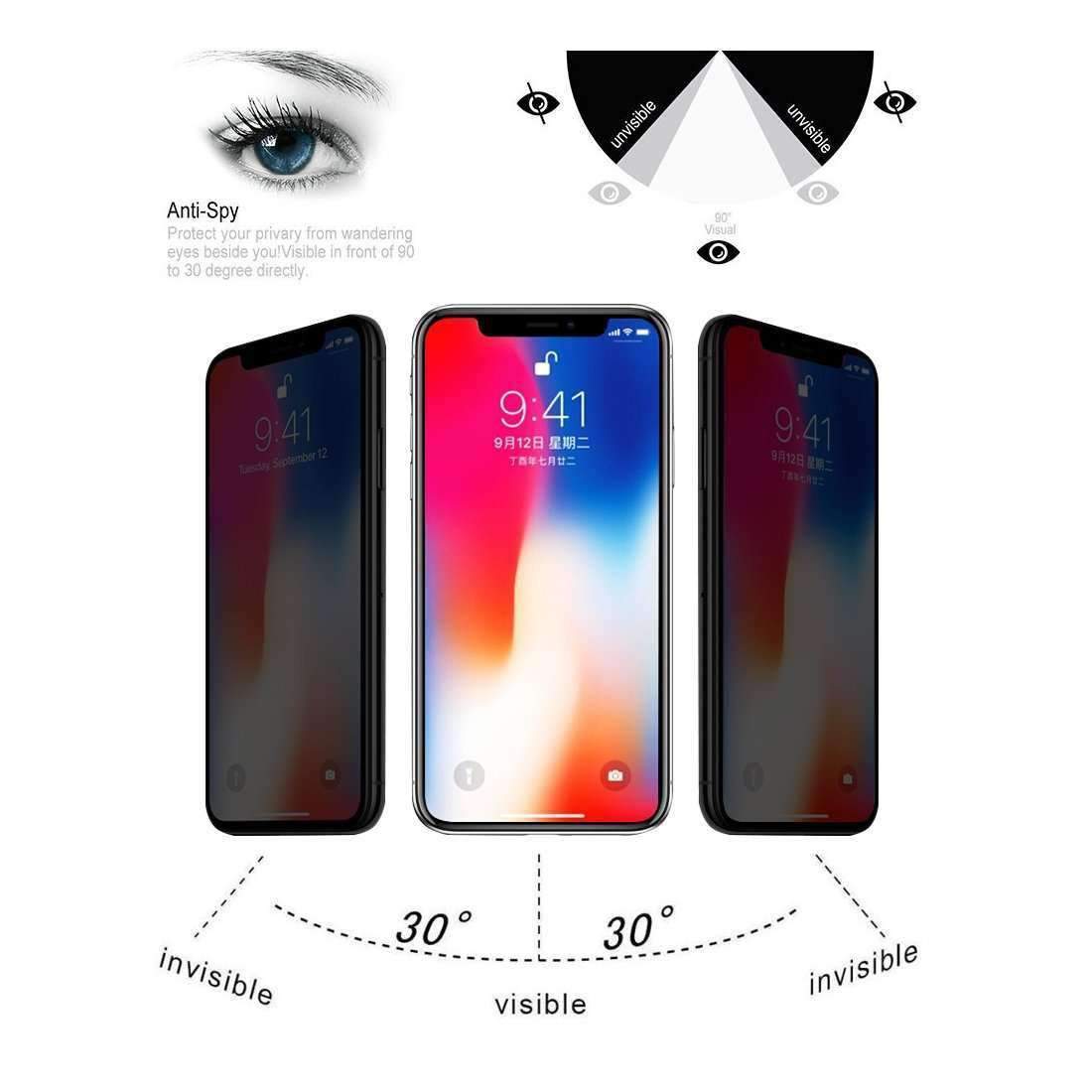 AMZER 9H Case Friendly Privacy 3D Tempered Glass Screen Protector for iPhone Xs, showcasing its sleek design and protective features.