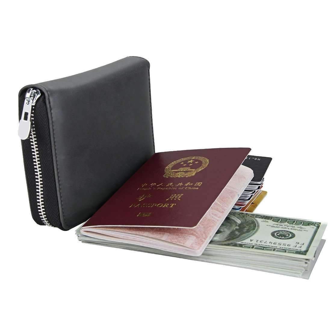 AMZER Anti-Magnetic RFID Multi-functional Genuine Leather Credit Card holder in black, showcasing its sleek design and RFID protection features.