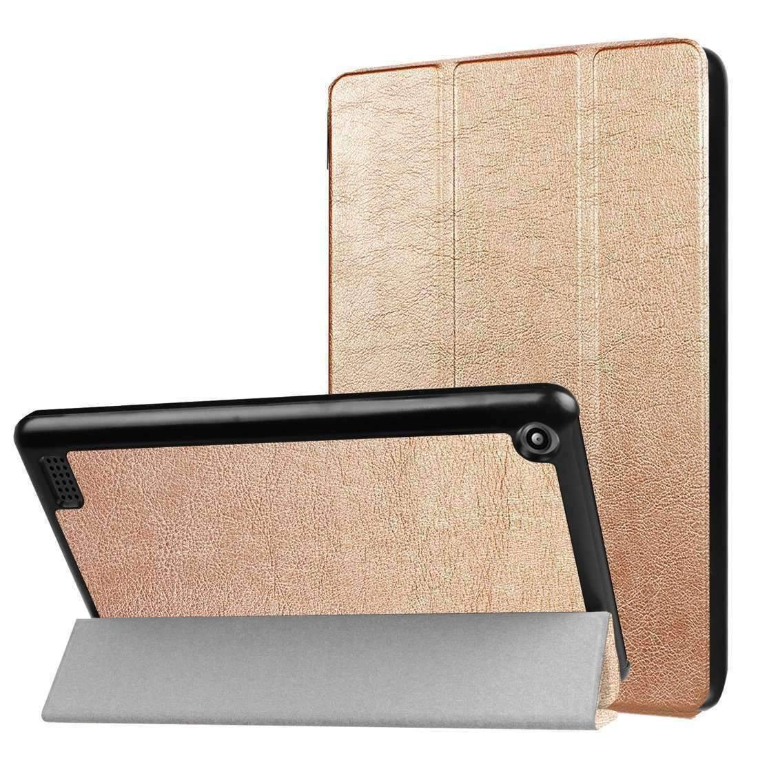 AMZER Flip Leather Case for Amazon tablet, showcasing a sleek design with a three-folding holder and sleep/wake functionality.