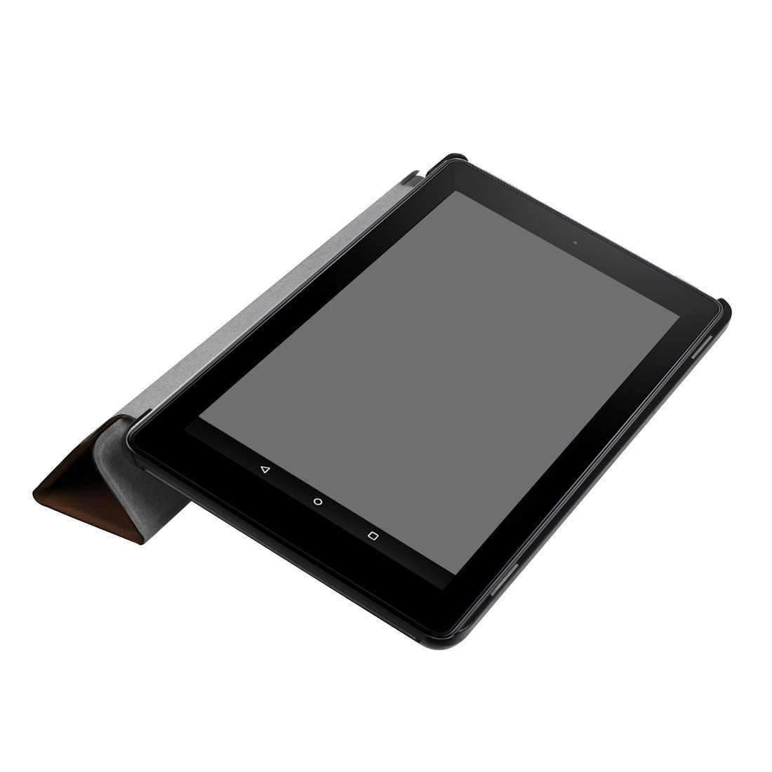 AMZER Flip Leather Case in black with 3-fold design, showcasing its sleek and stylish appearance, perfect for tablet protection.