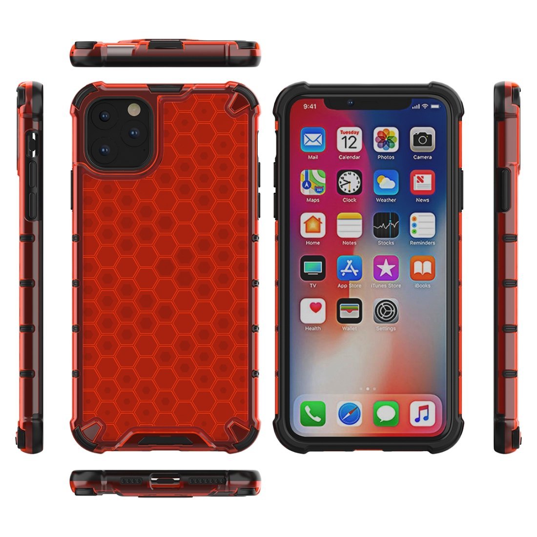 AMZER Honeycomb SlimGrip Hybrid Bumper Case for iPhone XI in various colors, showcasing its stylish honeycomb design and dual-layer protection.