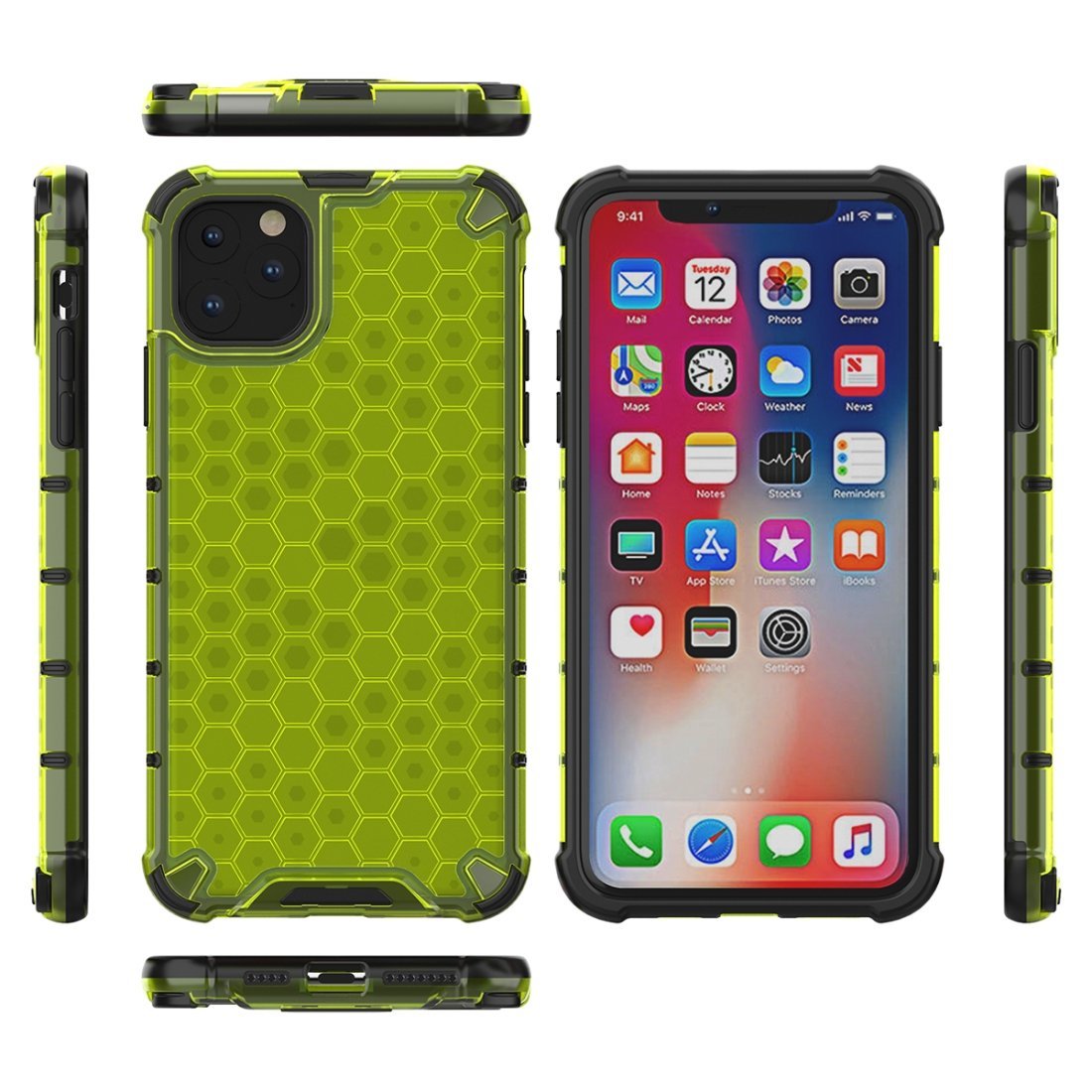 AMZER Honeycomb SlimGrip Hybrid Bumper Case for iPhone XI in various colors, showcasing its stylish honeycomb design and dual-layer protection.