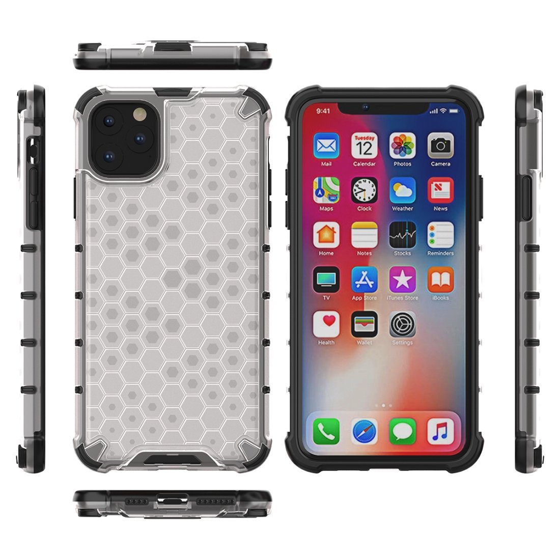 AMZER Honeycomb SlimGrip Hybrid Bumper Case for iPhone XI in various colors, showcasing its stylish honeycomb design and dual-layer protection.